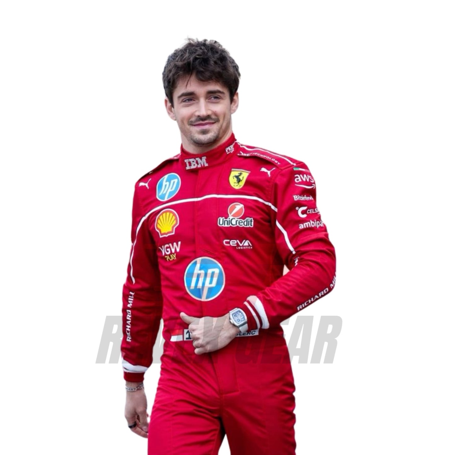 Detailed close-up of the 2025 race suit materials worn by Leclerc, highlighting the precision stitching, breathable mesh zones, and performance-enhancing textures.