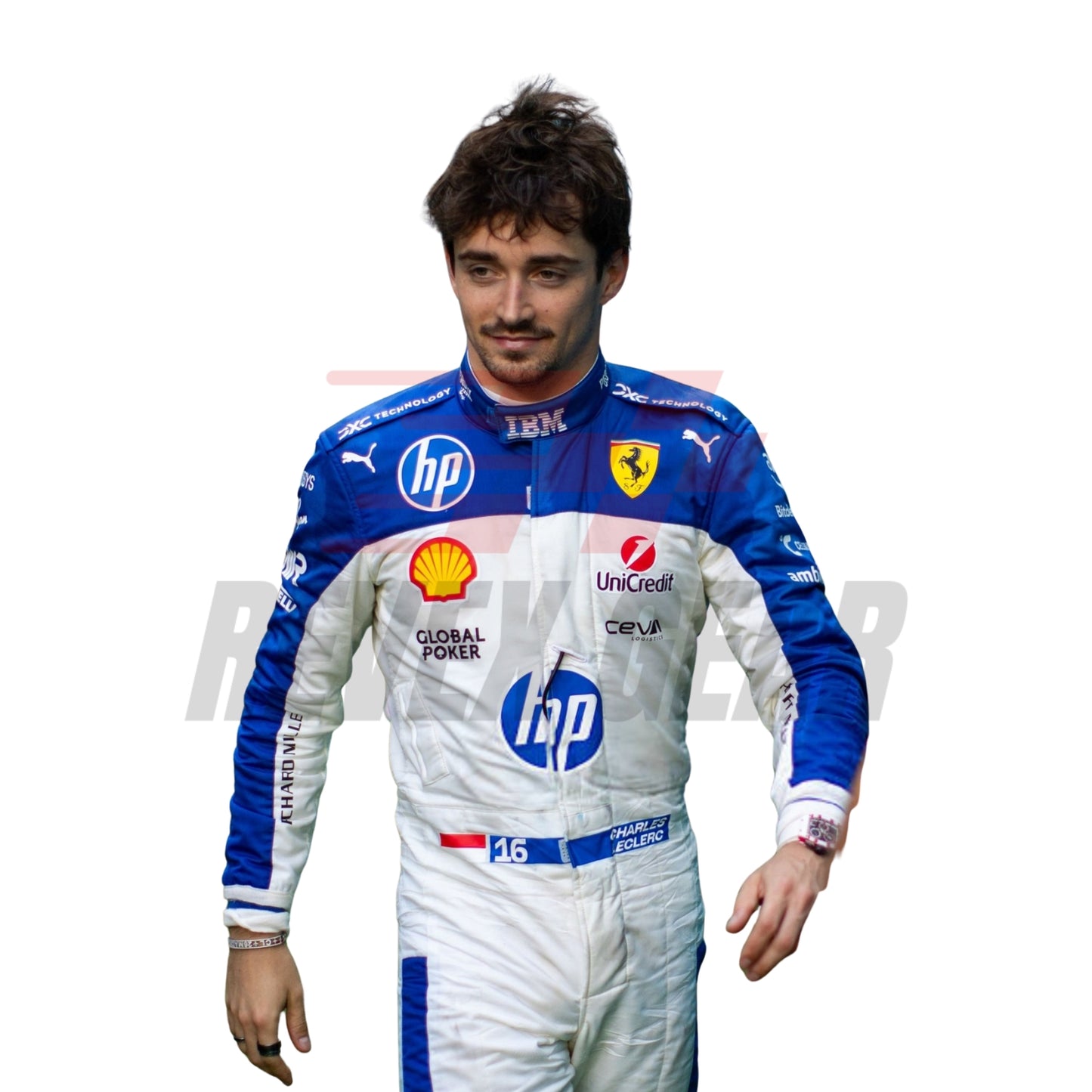 Detailed close-up of the Miami GP 2025 racing suit materials, including high-contrast stitching, driver name embroidery, and premium patches tailored for Leclerc.
