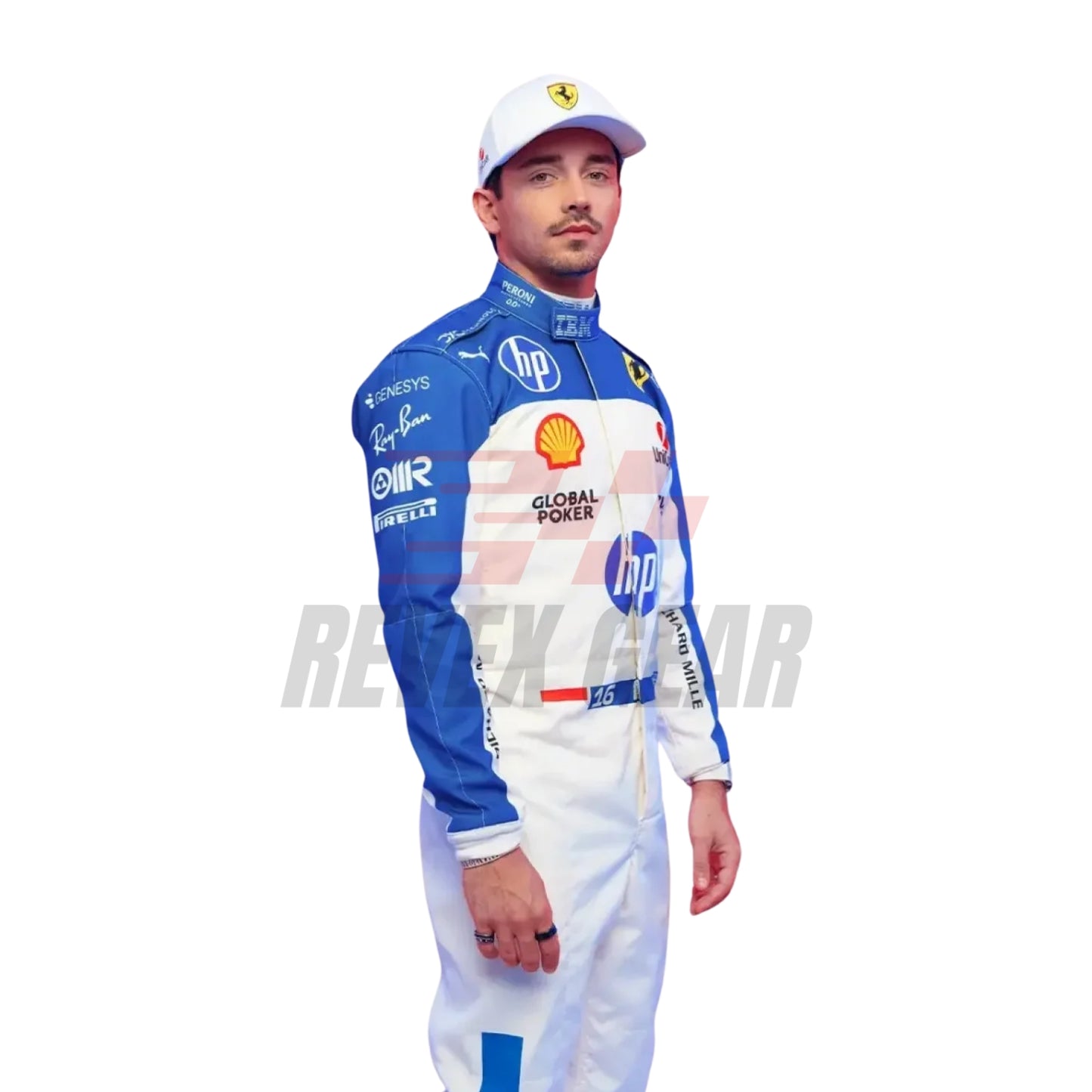 Detailed close-up of the Miami GP 2025 racing suit materials, including high-contrast stitching, driver name embroidery, and premium patches tailored for Leclerc.