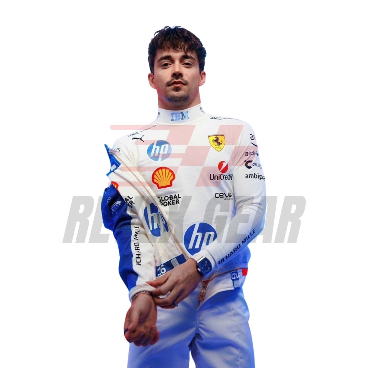 Detailed close-up of the Miami GP 2025 racing suit materials, including high-contrast stitching, driver name embroidery, and premium patches tailored for Leclerc.