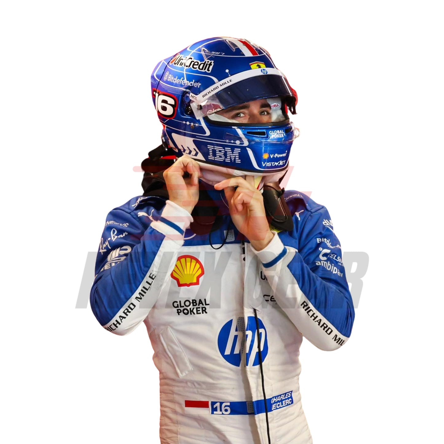 Detailed close-up of the Miami GP 2025 racing suit materials, including high-contrast stitching, driver name embroidery, and premium patches tailored for Leclerc.