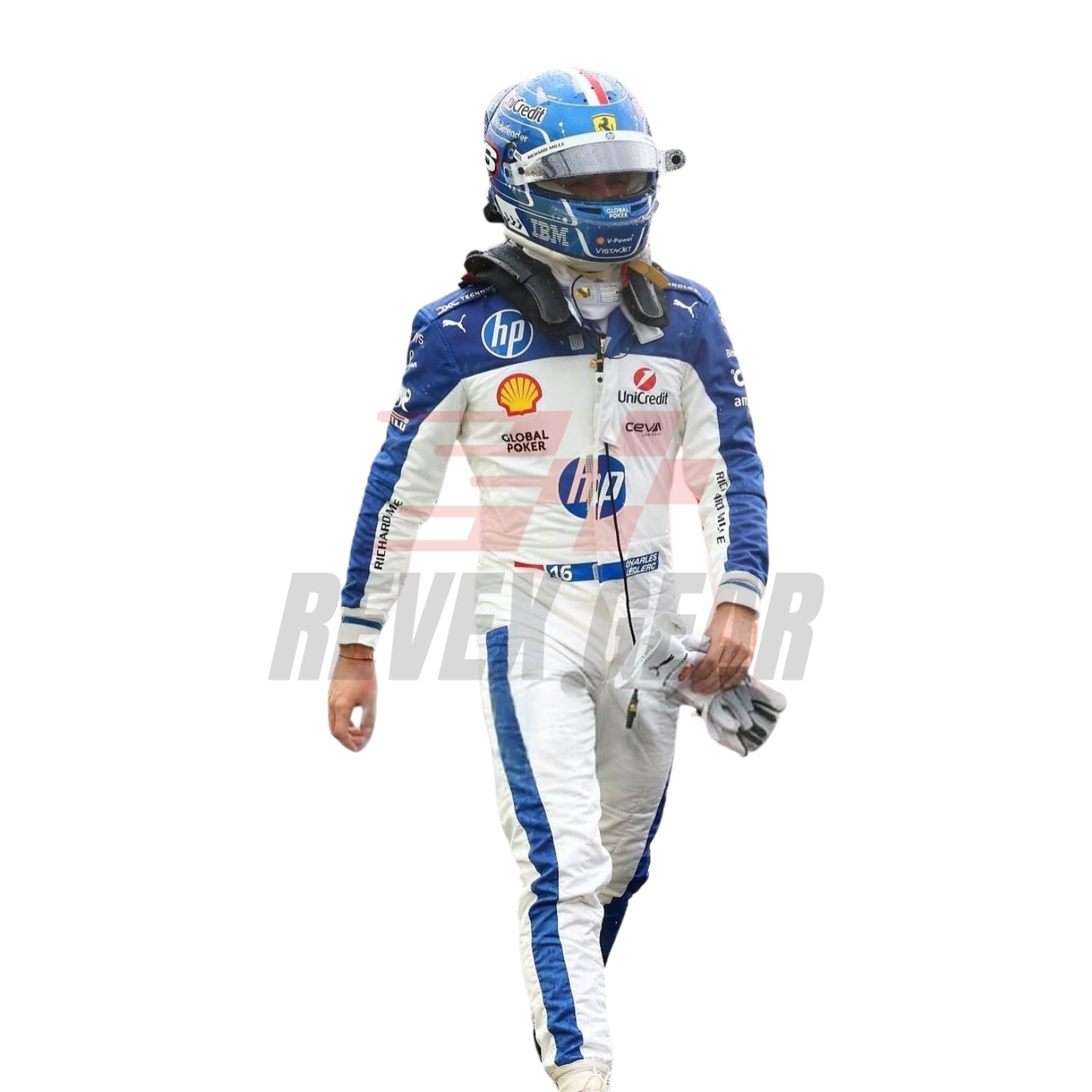 Front view of the 2025 F1 racing suits worn by Charles Leclerc at the Miami GP, showcasing sleek aerodynamic design with tropical-inspired detailing and precision sponsor placement.