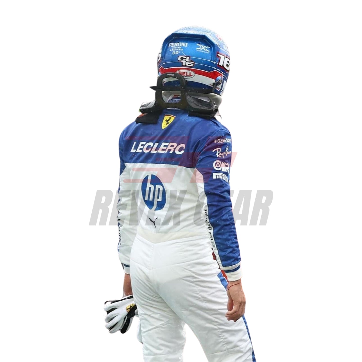 Rear view of Charles Leclerc Miami GP 2025 suits featuring form-fitted tailoring, palm-themed graphics, and team branding near the lower back and collar.