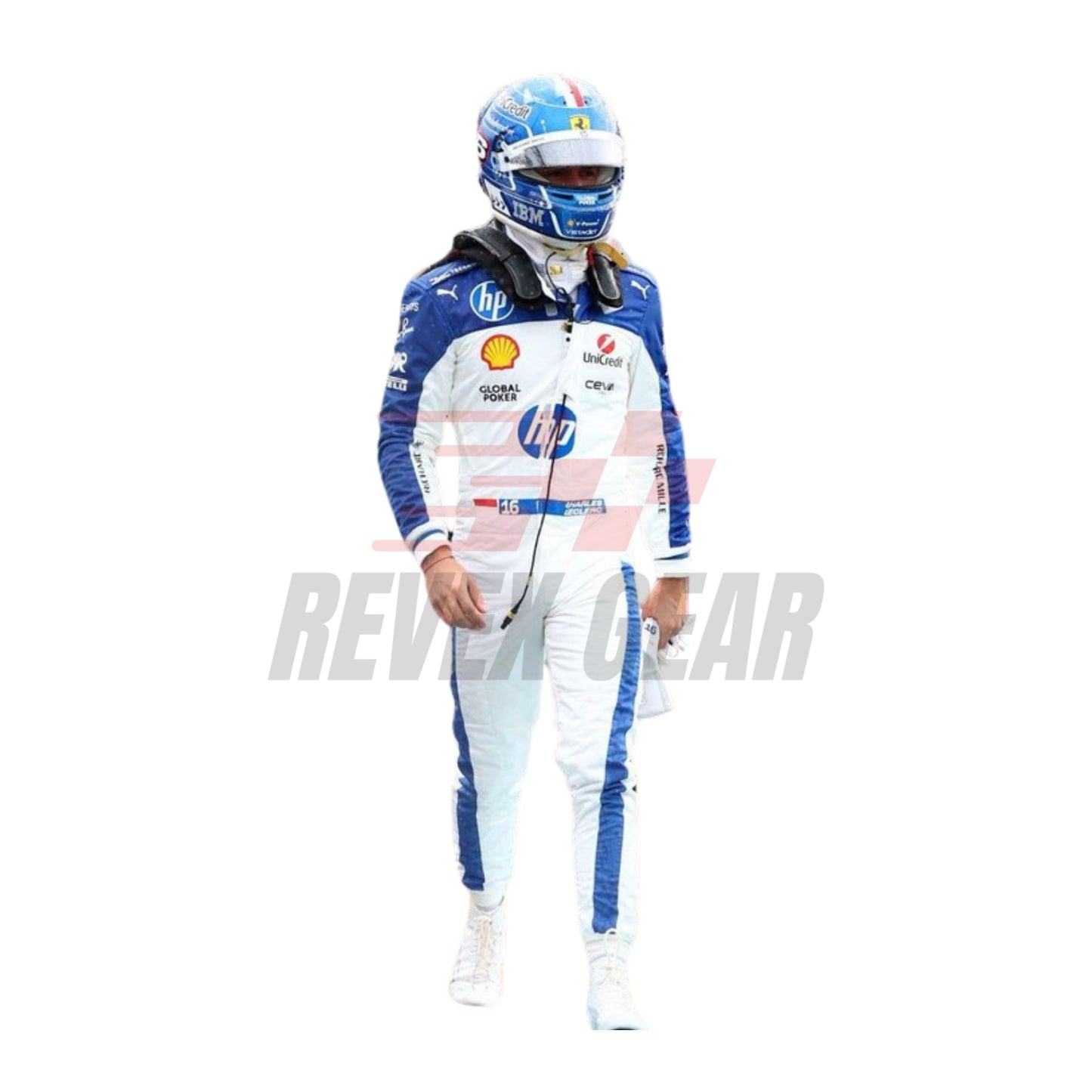 Front view of the 2025 F1 racing suits worn by Charles Leclerc at the Miami GP, showcasing sleek aerodynamic design with tropical-inspired detailing and precision sponsor placement.