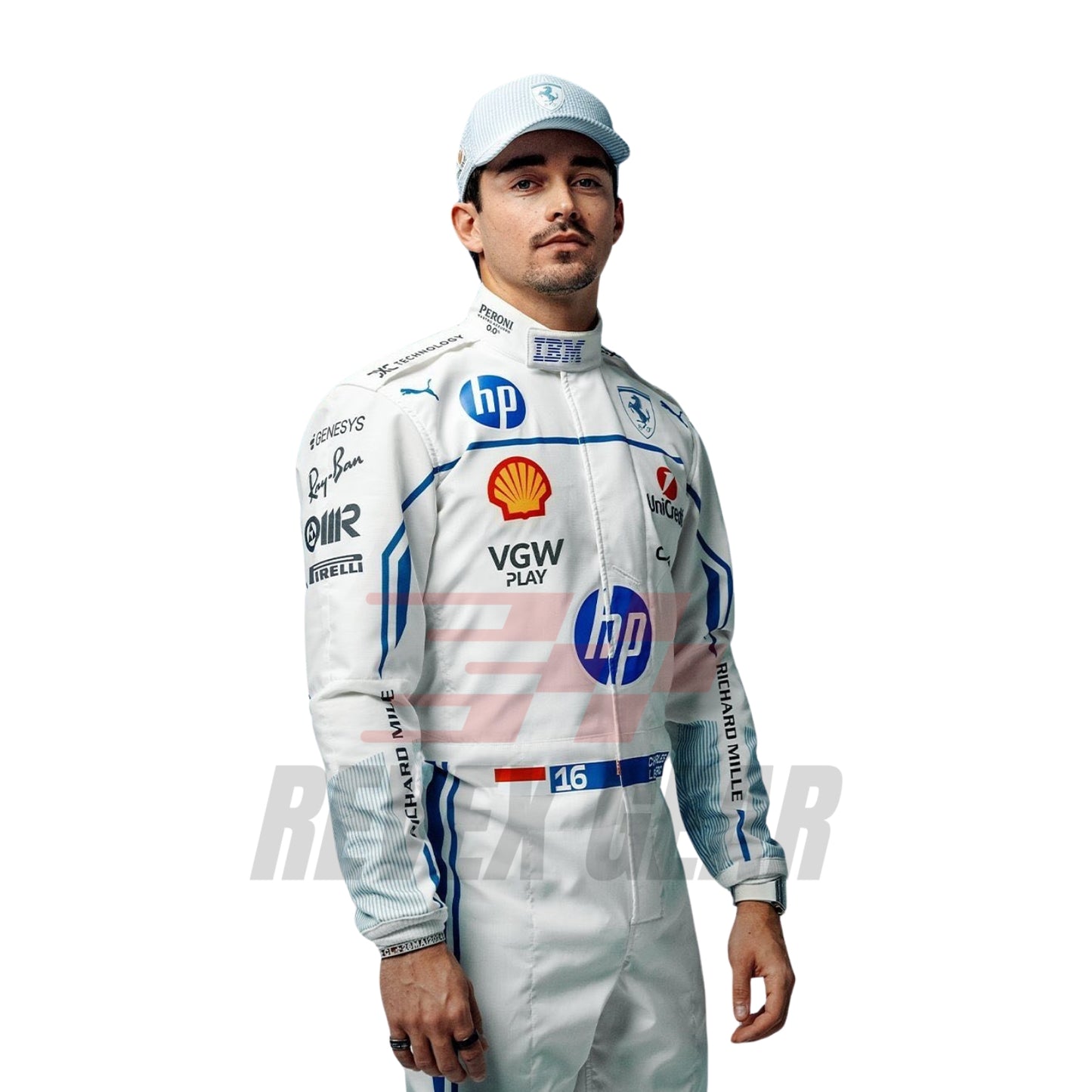 Side profile of Leclerc's 2025 F1 Monaco Grand Prix suit highlighting ergonomic fit, blue accent lines, and breathable mesh fabric for optimized airflow.