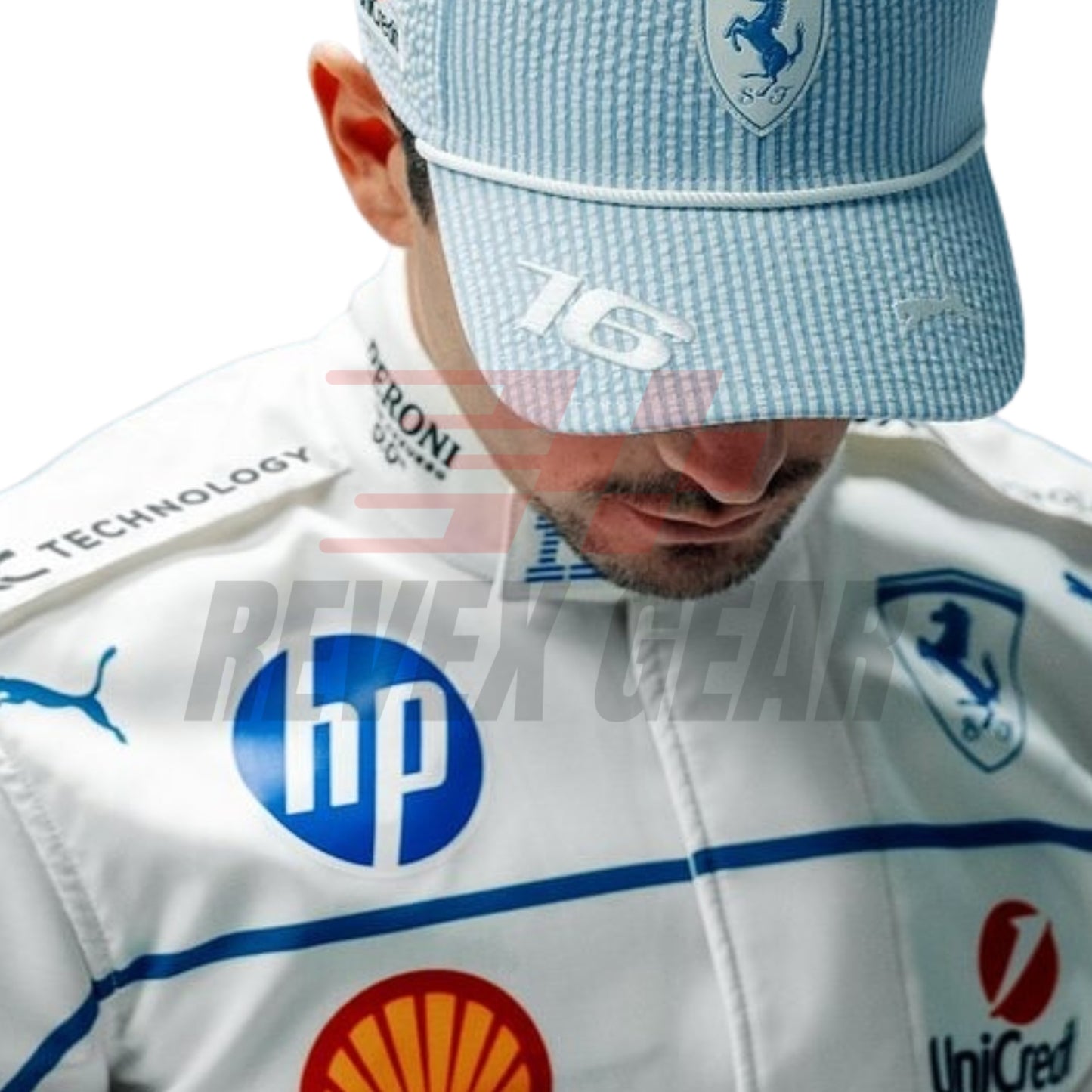 Detailed close-up of the Monaco GP 2025 racing suit showing Charles Leclerc's name, precision-stitched logos, and white and blue detail design.