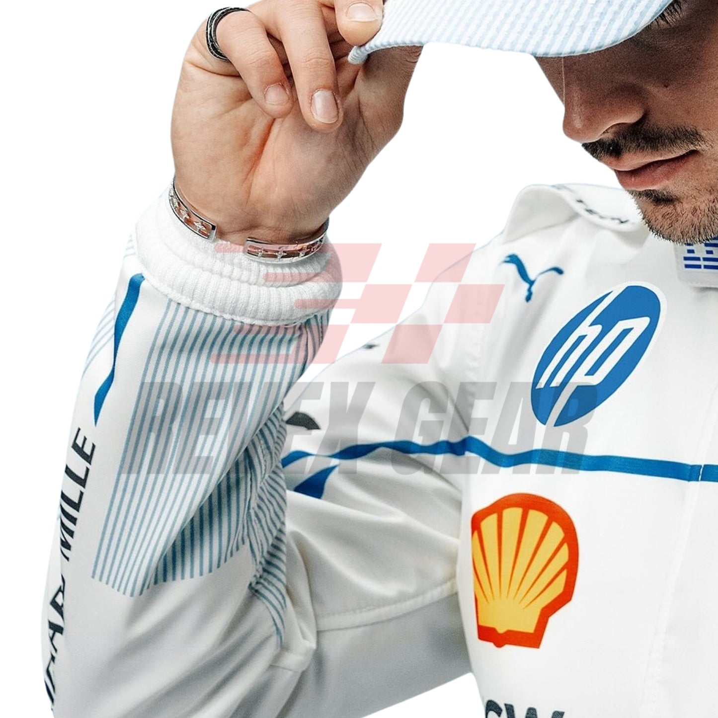 Detailed close-up of the Monaco GP 2025 racing suit showing Charles Leclerc's name, precision-stitched logos, and white and blue detail design.