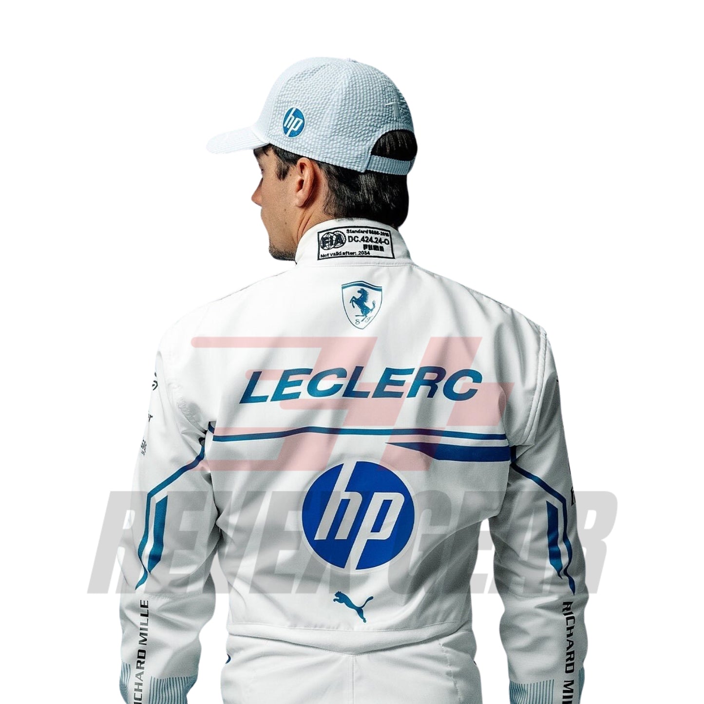 Back view of the 2025 Monaco GP suit worn by Charles Leclerc, showcasing elegant tailoring, driver name branding, and ventilated panel design.