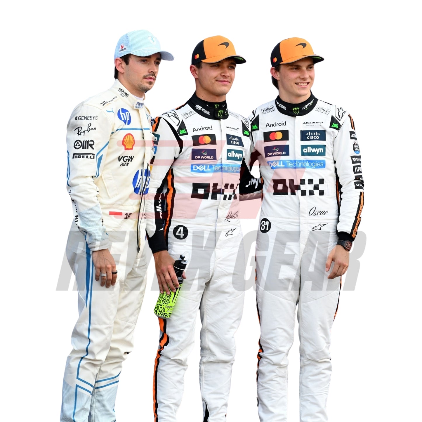 Front view of Charles Leclerc's , Lando Norris and Oscar Piastri 2025 Monaco GP F1 racing suit, designed with a bold red and gold theme, featuring aerodynamic seams, Monaco flag patch, and sponsor placements.