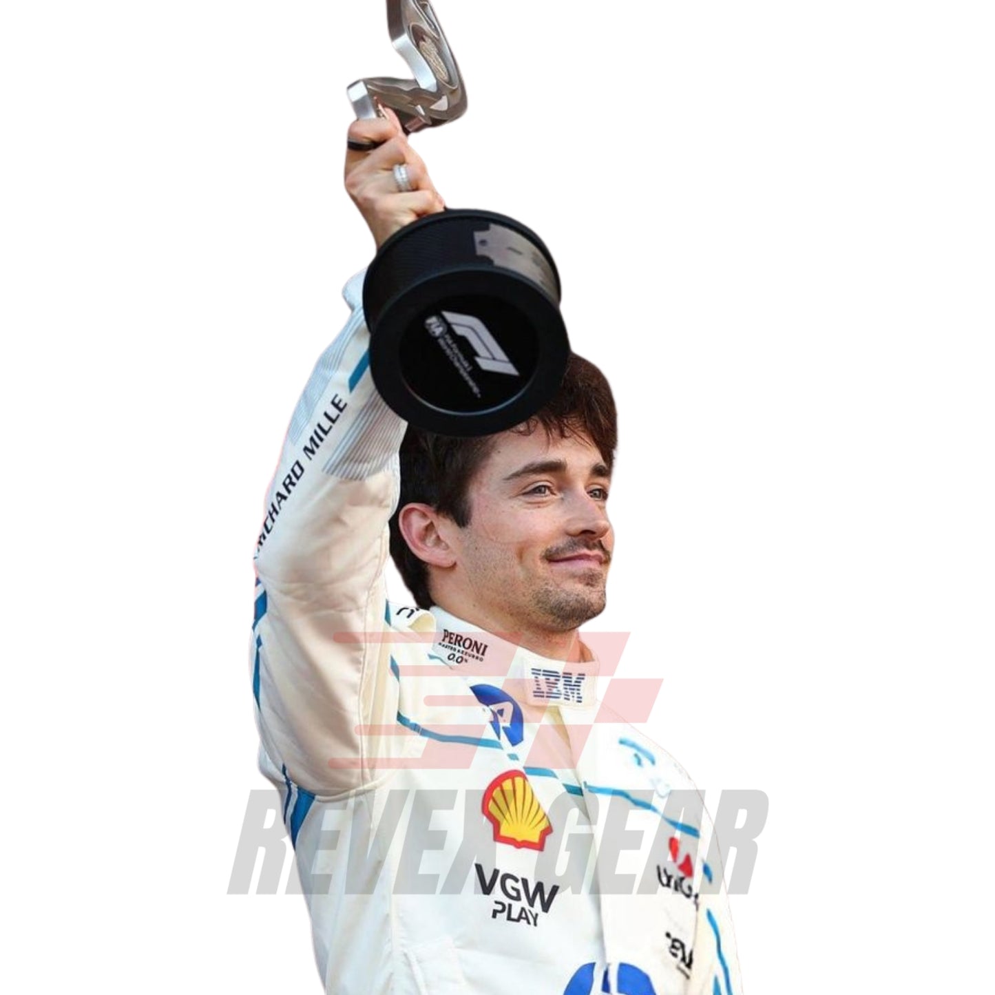 Detailed close-up of the Monaco GP 2025 racing suit showing Charles Leclerc's holding trophy, precision-stitched logos, and signature red-and-gold team pattern.