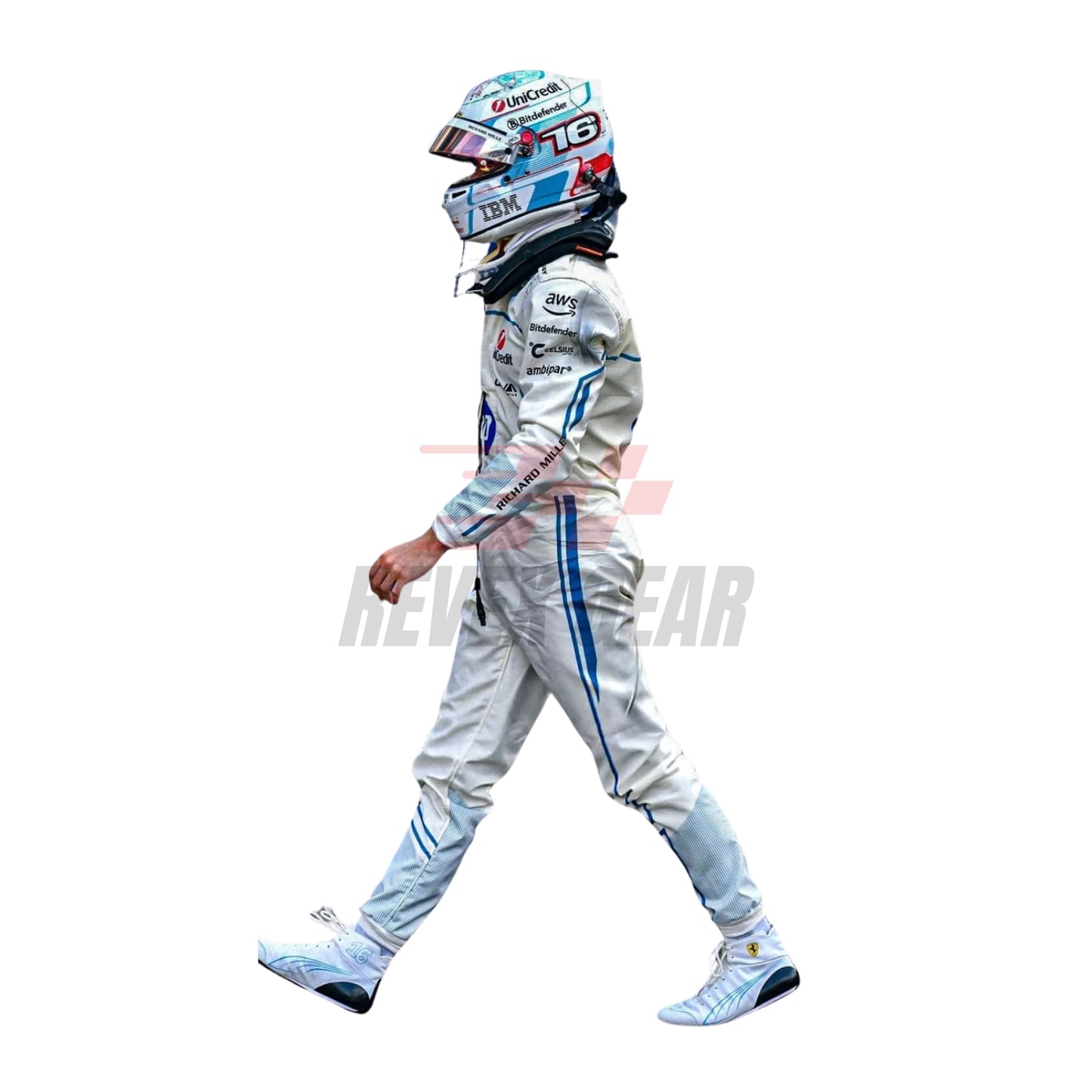 Side profile of Leclerc's 2025 F1 Monaco Grand Prix suit highlighting ergonomic fit, gold accent lines, and breathable mesh fabric for optimized airflow.