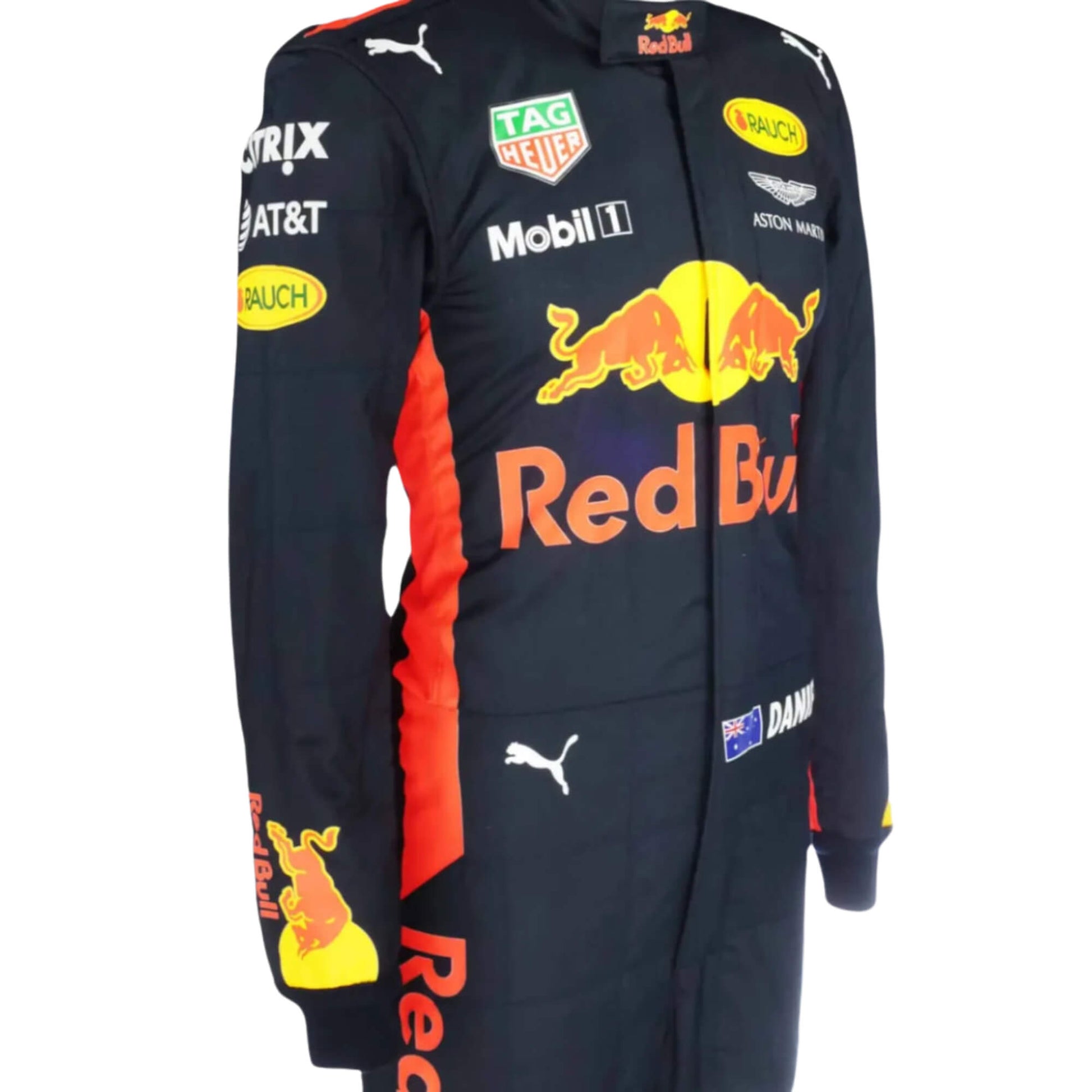 Close-up of the sleeve on Daniel Ricciardo’s 2017 F1 racing suit, showing embroidered sponsor logos and high-quality stitching.