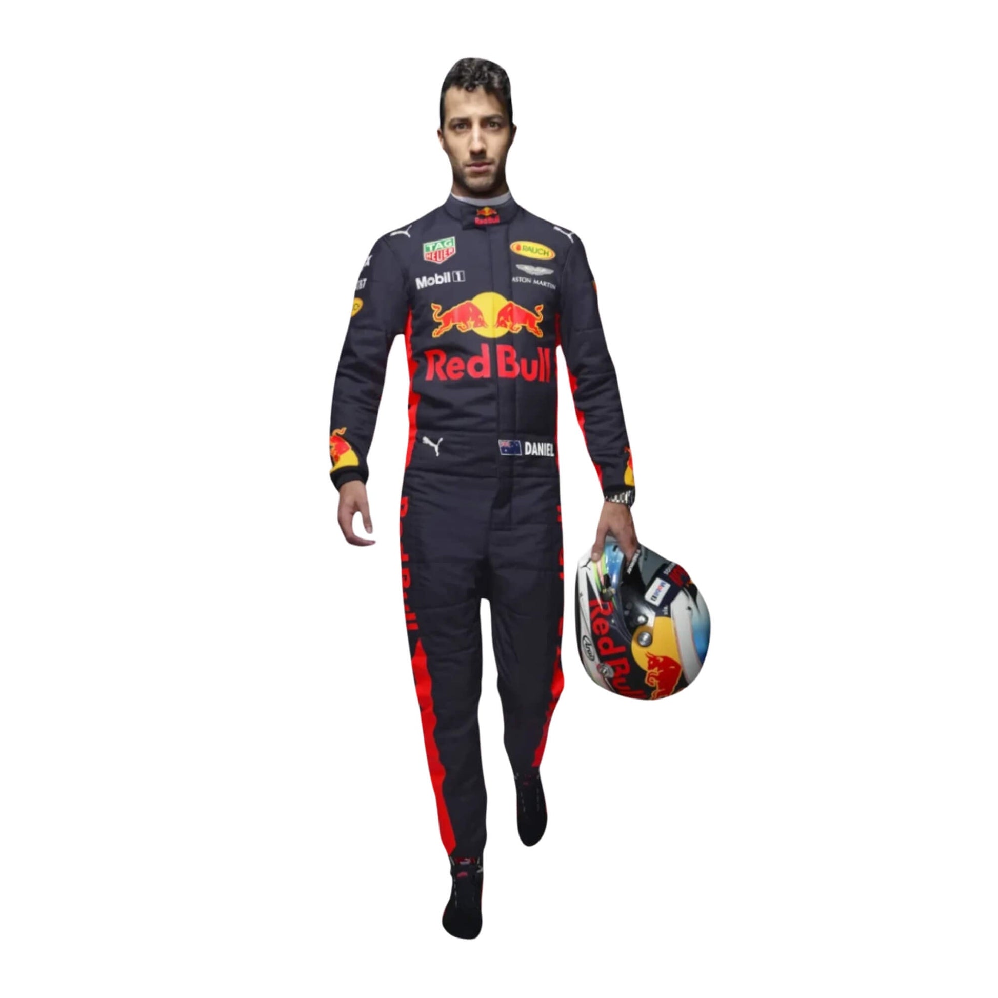 Full-body view of Daniel Ricciardo’s 2017 racing suit, highlighting sponsor logos and ergonomic design, ideal for top-level racing.
