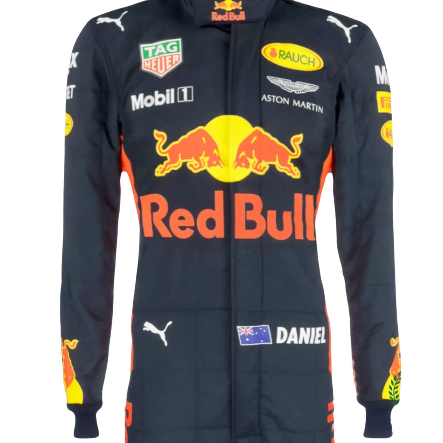 Close-up of the chest area on Daniel Ricciardo’s 2017 racing suit, featuring detailed sponsor embroidery and premium craftsmanship.