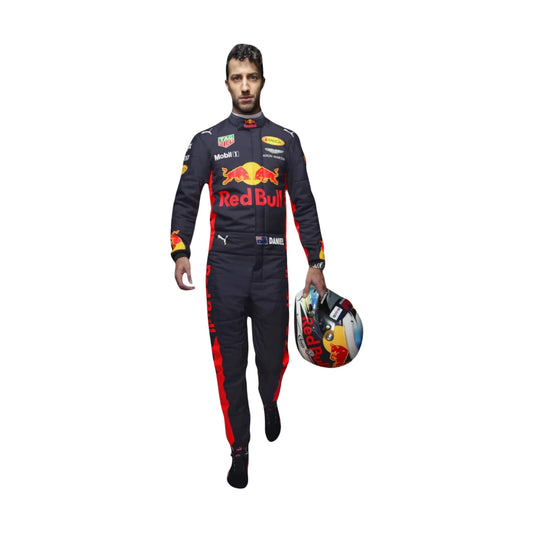 Full-body view of Daniel Ricciardo’s 2018 F1 racing suit, displaying the sleek, aerodynamic fit, sponsor logos, and high-performance features for competitive racing.