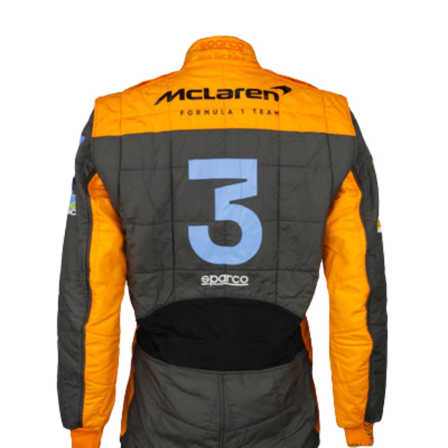Back view of Daniel Ricciardo 2022 racing suit – orange and blue structure with detailed tailoring and fitted design.