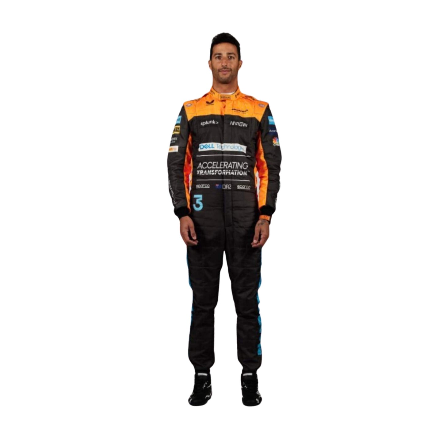 High-resolution image of Daniel Ricciardo 2022 F1 suit – eye-catching orange and blue racewear for motorsport enthusiasts