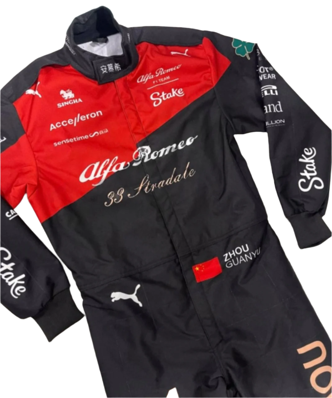 Close-up of Zhou’s 2023 Italian Grand Prix F1 racing suit fabric texture and stitched sponsor logos, detailing the high-quality materials and the integration of the black, red, and gold color palette.