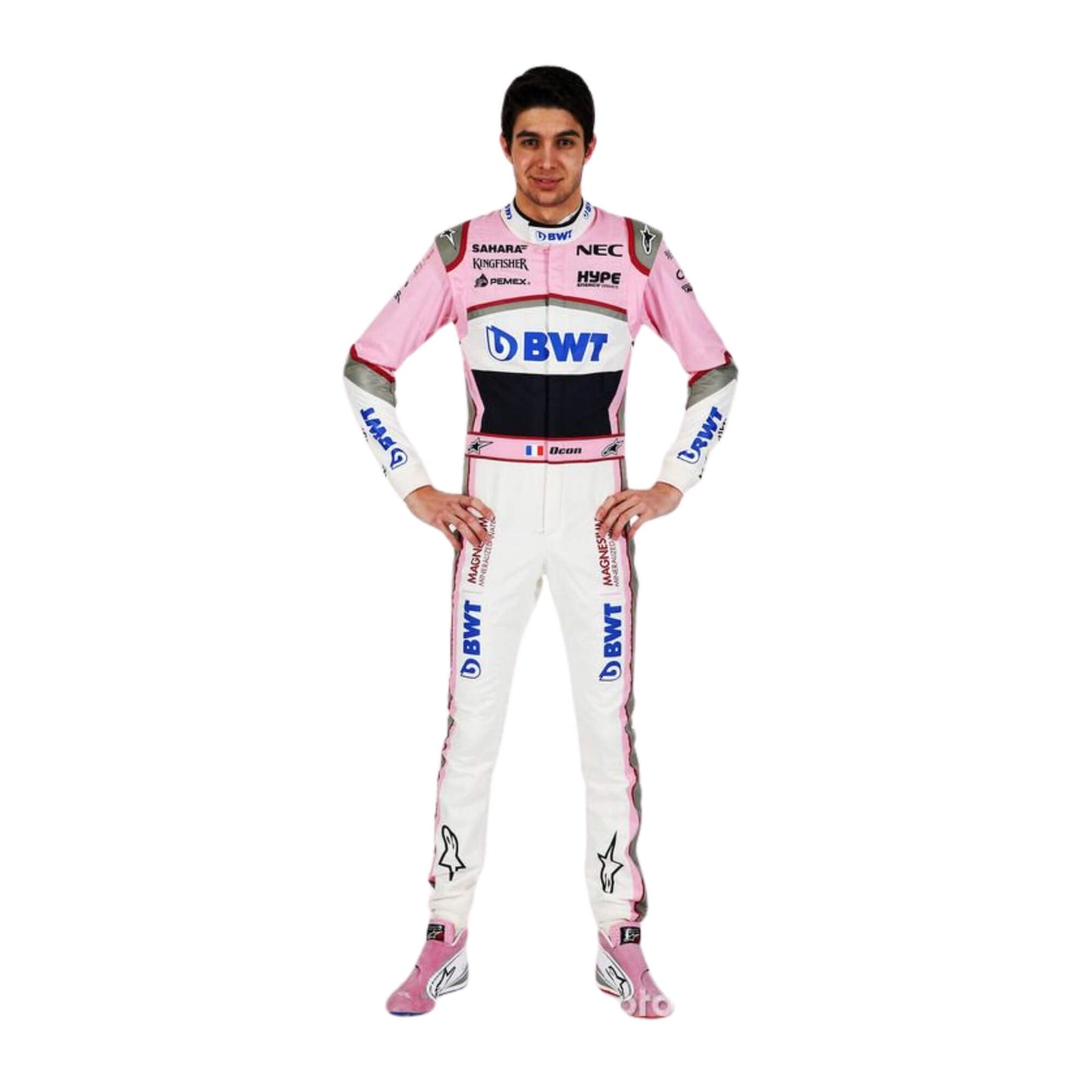 Full-body view of Esteban Ocon’s 2018 F1 racing suit, highlighting embroidered sponsor logos, aerodynamic design, and performance features essential for competitive racing.