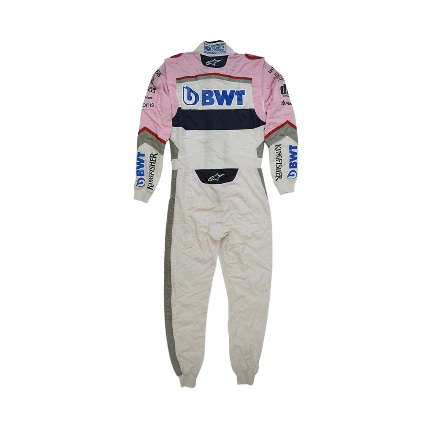 Back view of Esteban Ocon’s 2018 F1 racing suit, emphasizing sponsor embroidery and streamlined aerodynamic features for peak track performance.