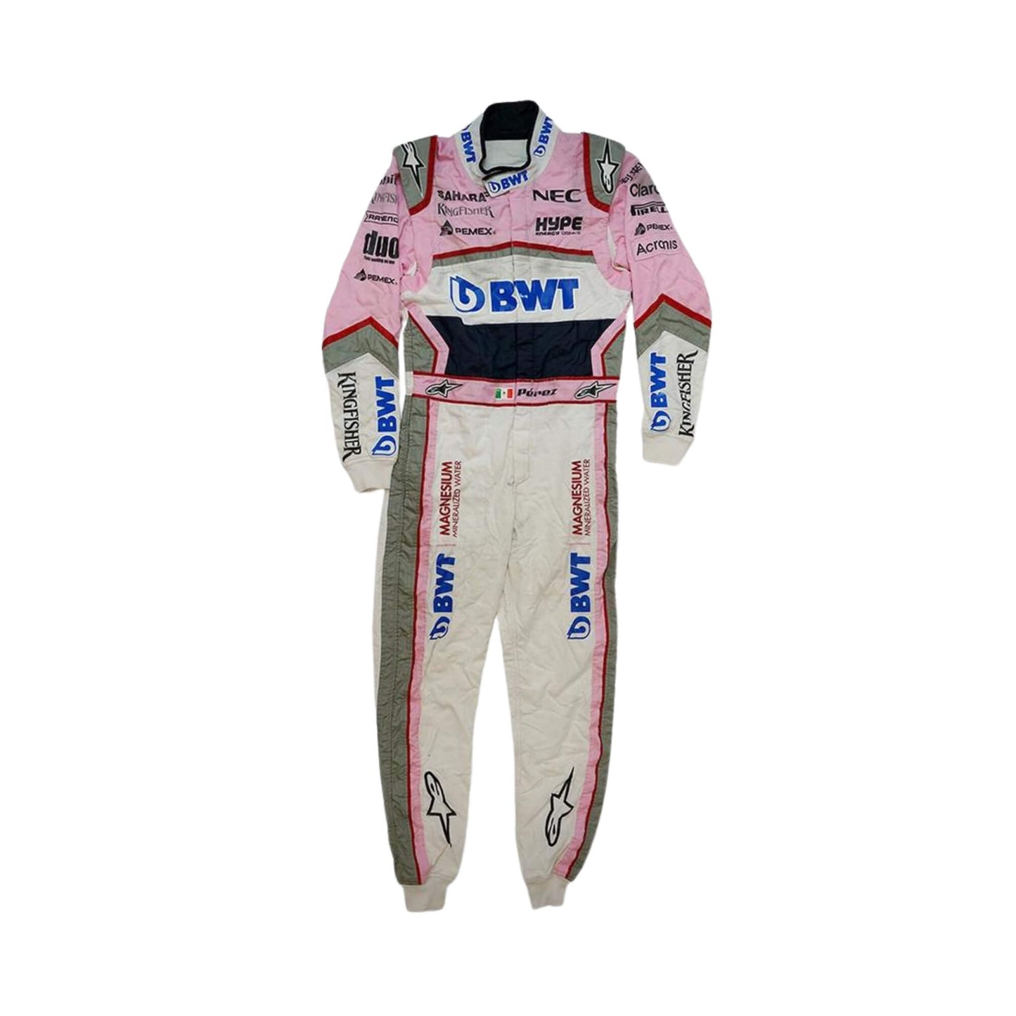 Esteban Ocon’s 2018 F1 racing suit, front view, displaying embroidered sponsor logos and a performance-oriented design tailored for racing agility.