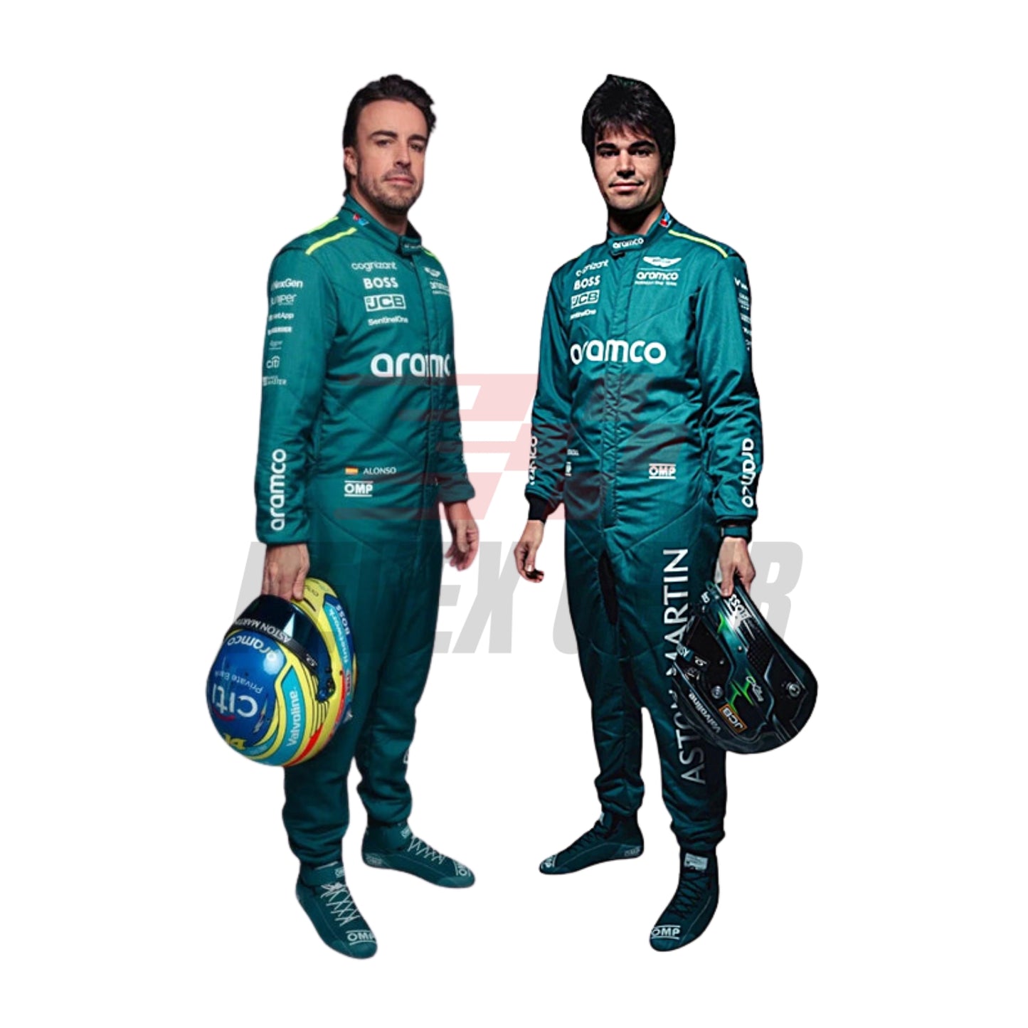 Front view of 2024 F1 racing costume in dark green and silver accents, worn by Fernando Alonso and Lance Stroll, showcasing their race numbers and team spirit.