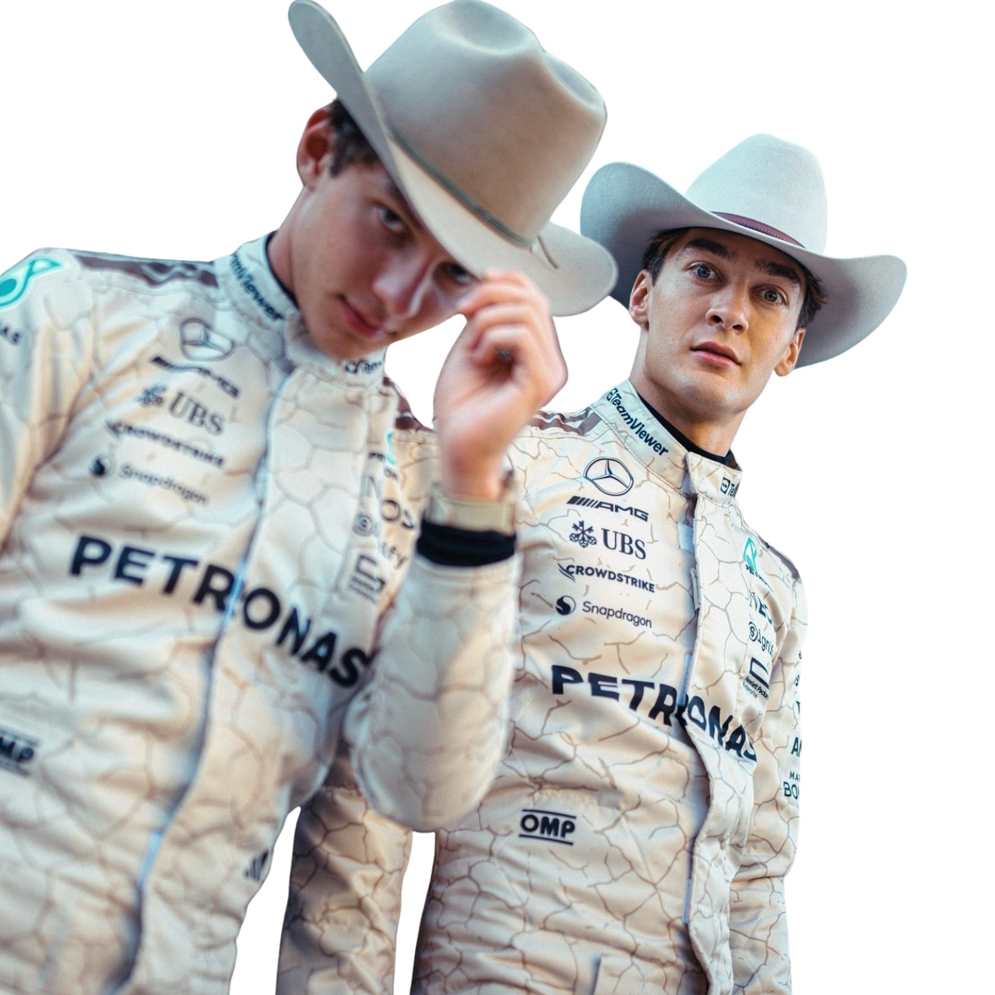Close-up detailing of inspired by the Mojave Desert trims and stitching on Russell & Antonelli 2025 Austin GP racing costumes