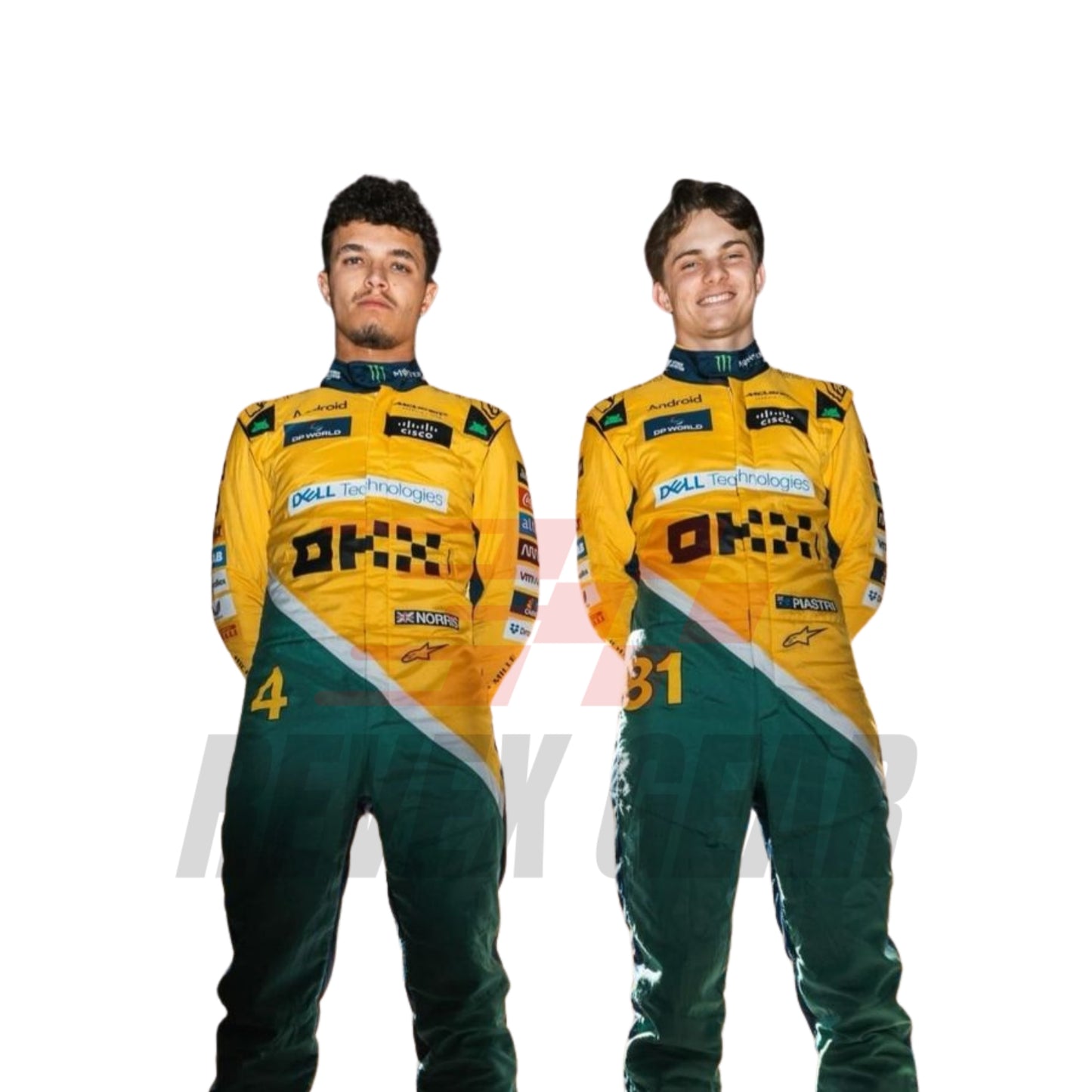 Lando Norris and Oscar Piastri standing confidently in his 2024 Monaco Grand Prix racing suit, front view showcasing a vibrant design with yellow, green, and blue hues