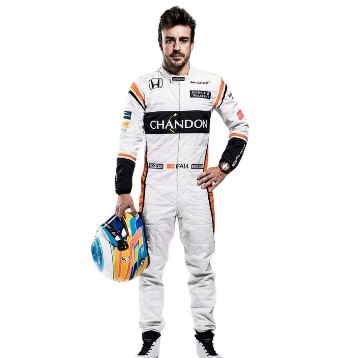Full-body view of Fernando Alonso’s 2017 racing suit, showcasing sponsor logos, a sleek design, and an ergonomic fit