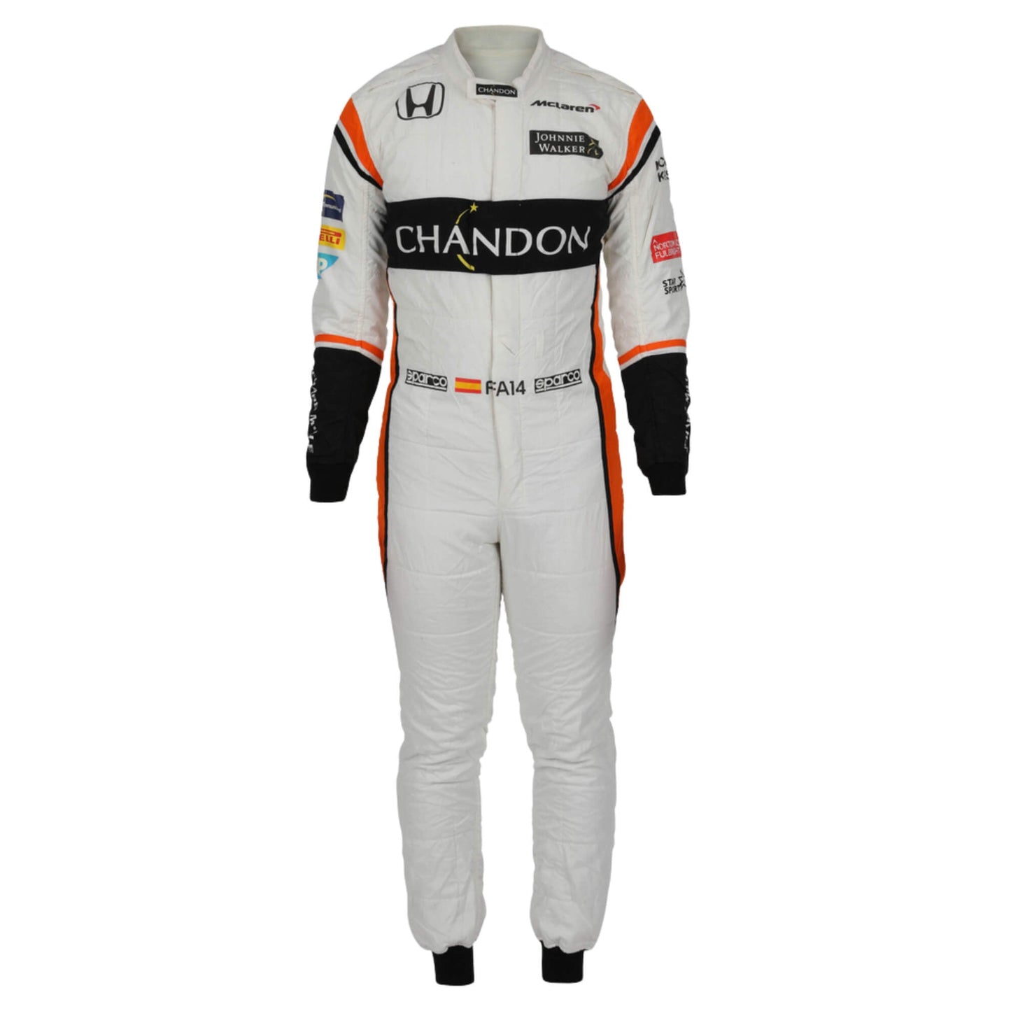 Fernando Alonso’s 2017 F1 racing suit, front view, showcasing sponsor embroidery, sleek design, and a tailored fit for performance on track