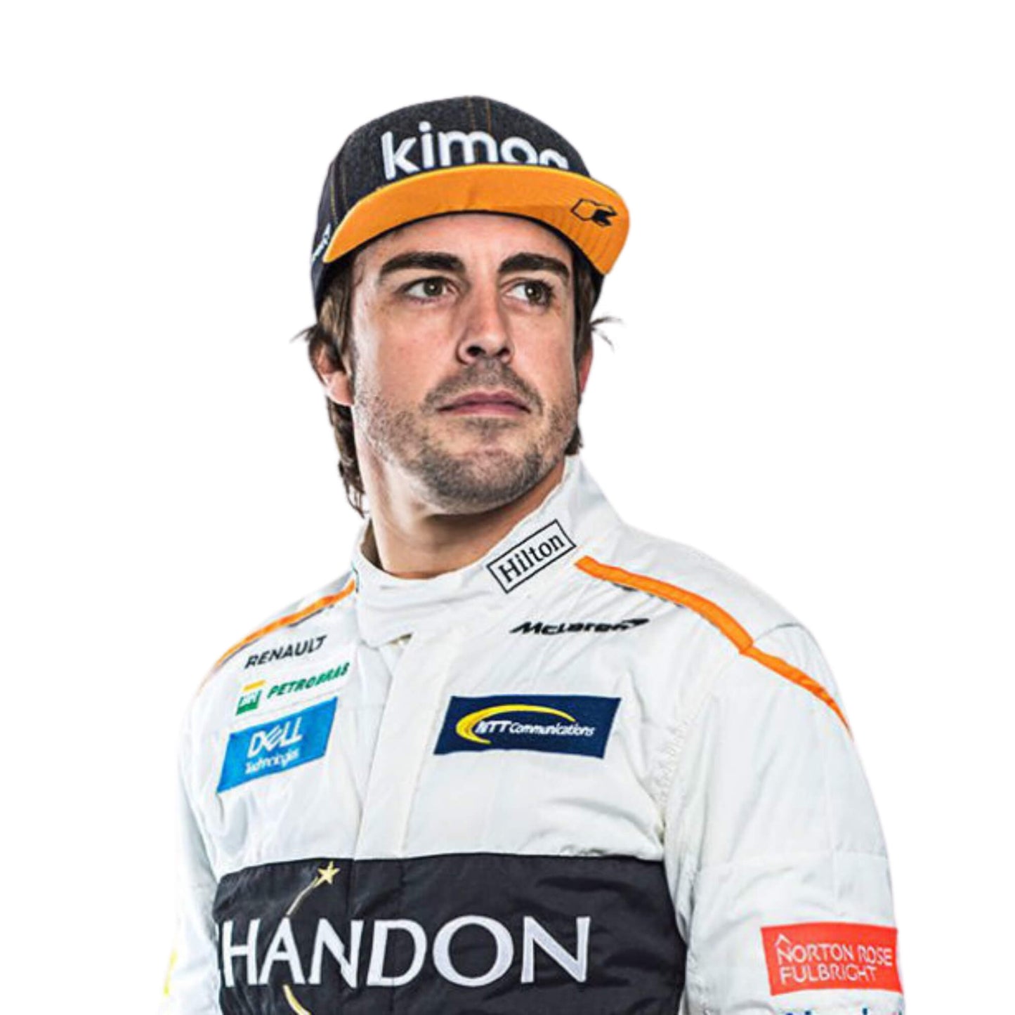 Close-up of the chest area of Fernando Alonso’s 2018 F1 racing suit, showing embroidered sponsor logos and the breathable fabric for improved performance during races.
