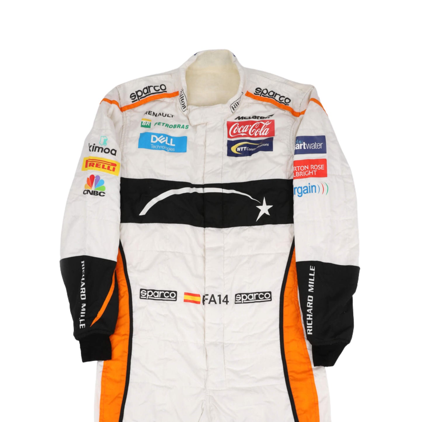 Close-up of the chest area of Fernando Alonso’s 2018 F1 racing suit, showing embroidered sponsor logos and the breathable fabric for improved performance during races.