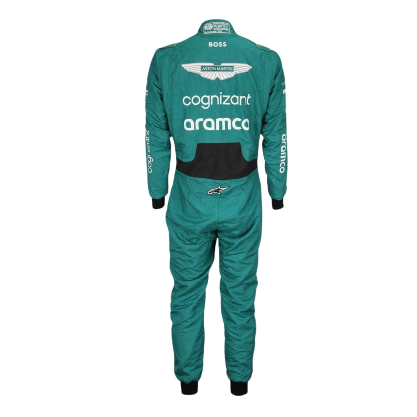 Rear view of Fernando Alonso’s 2023 racing suit, emphasizing the rear design with sponsor logos and a focus on aerodynamics, ensuring a perfect fit for performance and movement.