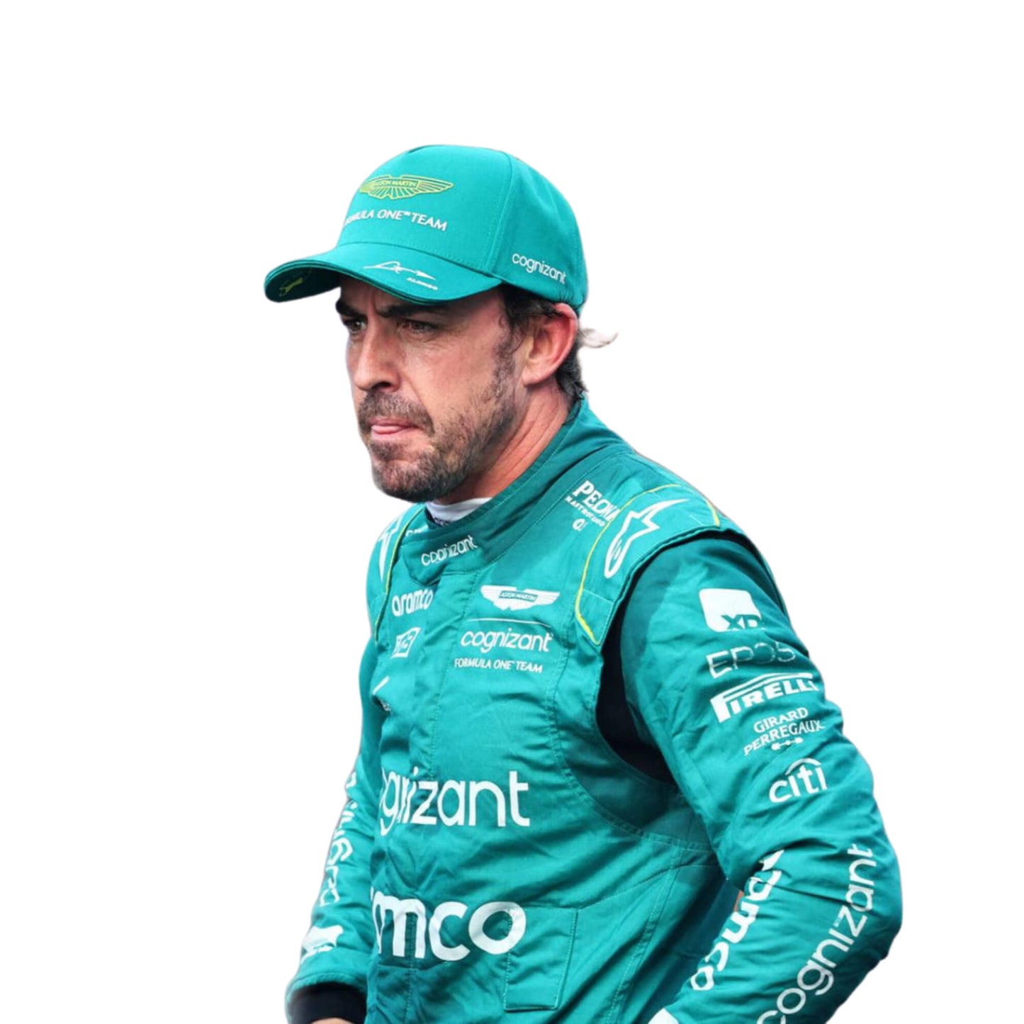 Close-up of the fabric and stitching on Fernando Alonso’s 2023 F1 racing suit, capturing the high-quality material and detailed sponsor branding, designed for durability and race-ready functionality.