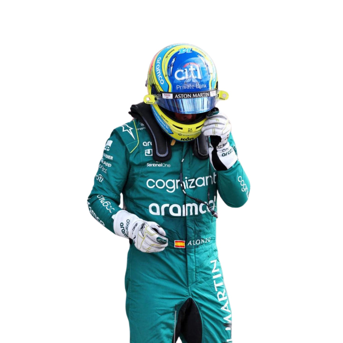 Close-up of the fabric and stitching on Fernando Alonso’s 2023 F1 racing suit, capturing the high-quality material and detailed sponsor branding, designed for durability and race-ready functionality.