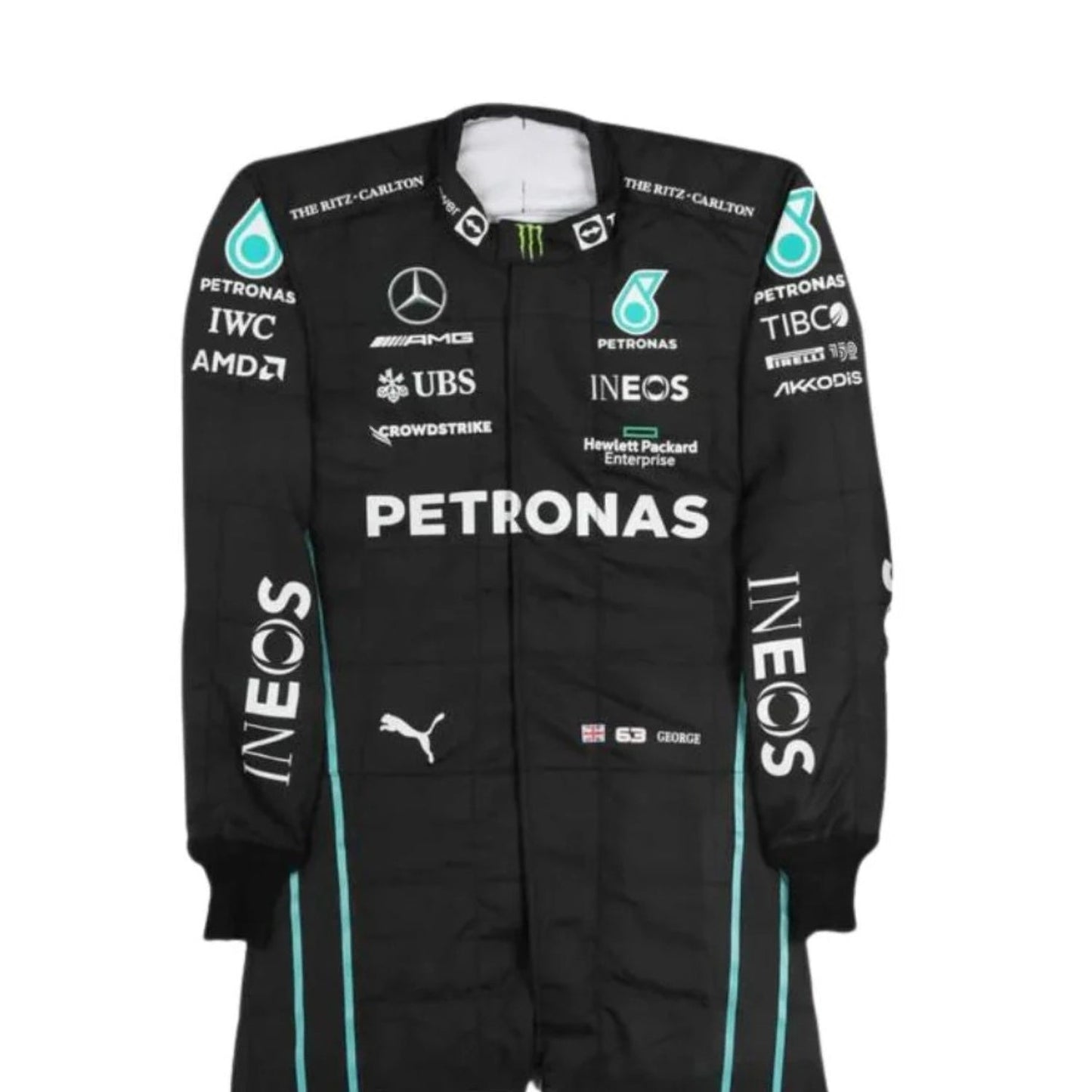 George Russell 2022 F1 racing suit – front closeup view of black and turquoise suit with sleek, race-fit design
