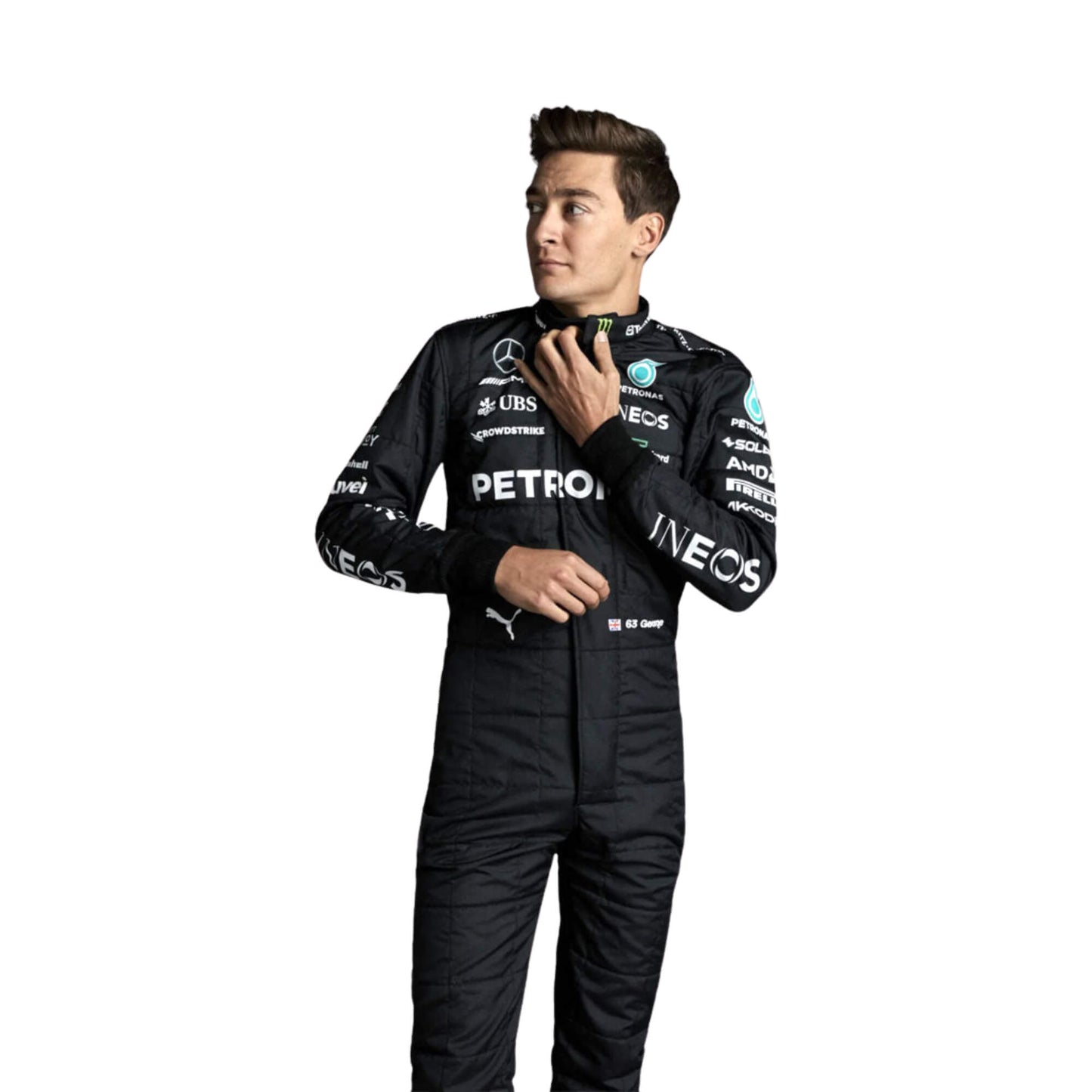 Close-up of the fabric and stitching on George Russell’s 2023 racing suit, revealing the intricate details and high-quality materials, with clear visibility of sponsor logos.