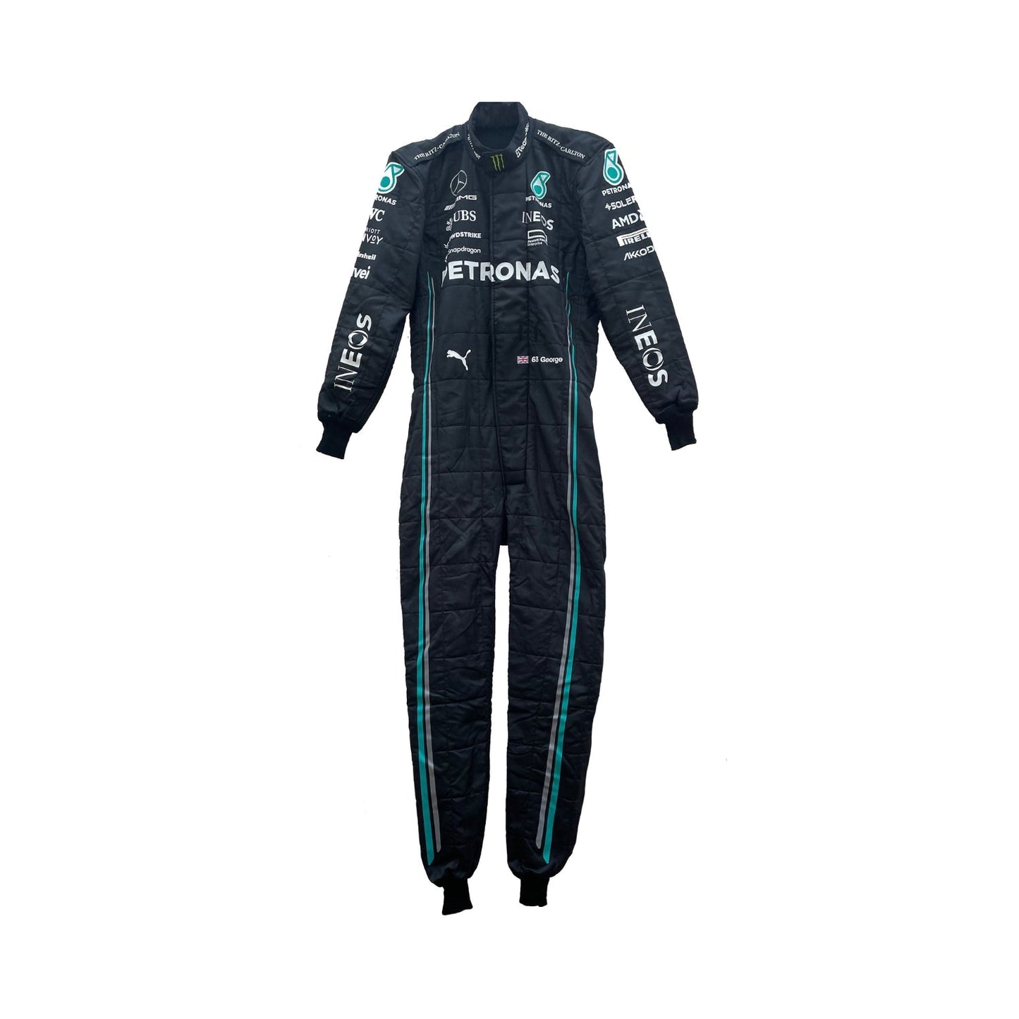 George Russell’s 2023 F1 racing suit in a sleek black and silver design, featuring prominent sponsor logos on the chest and legs. The suit is tailored for aerodynamics and performance, showcasing Russell’s commitment to excellence.