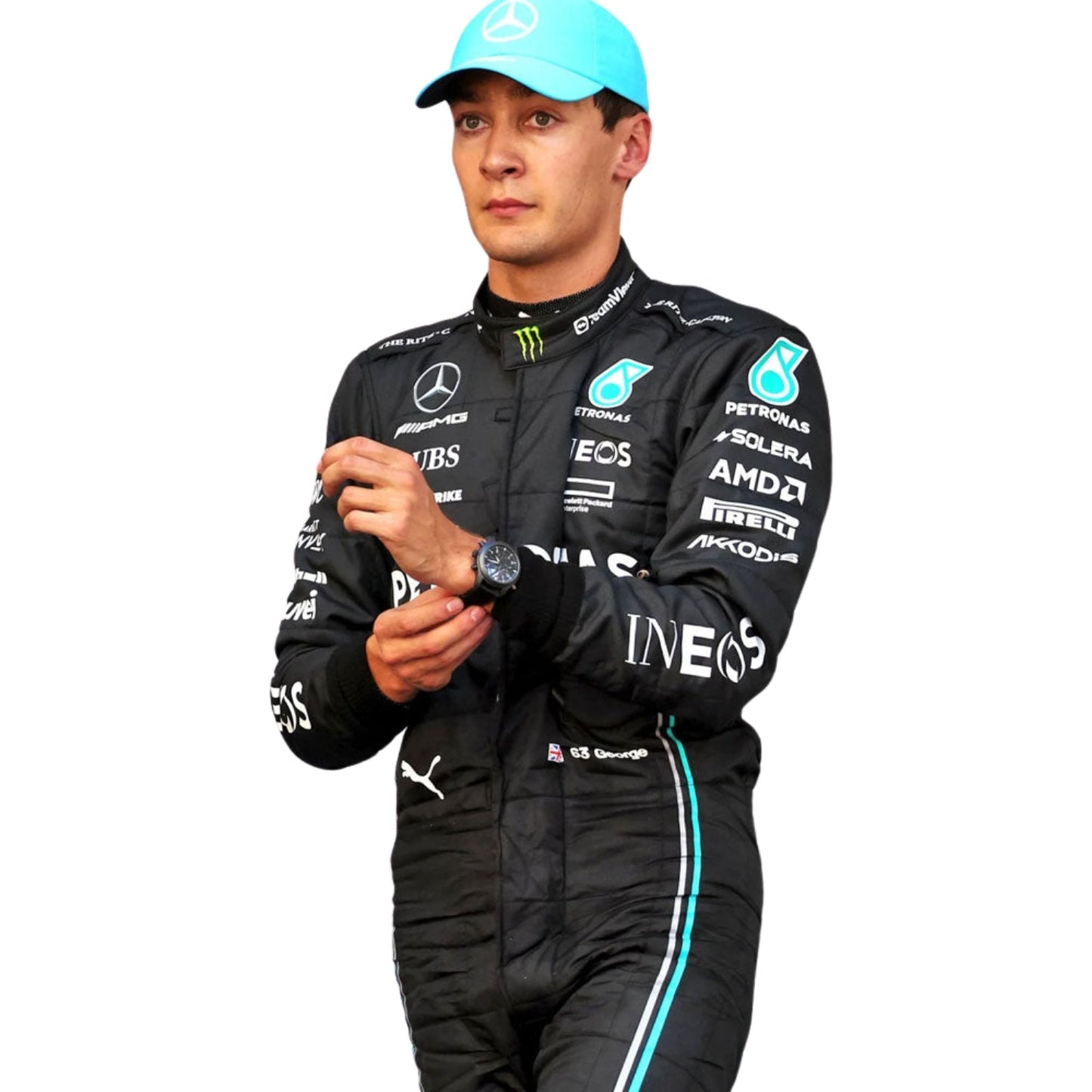 Close-up of the fabric and stitching on George Russell’s 2023 racing suit, revealing the intricate details and high-quality materials, with clear visibility of sponsor logos.