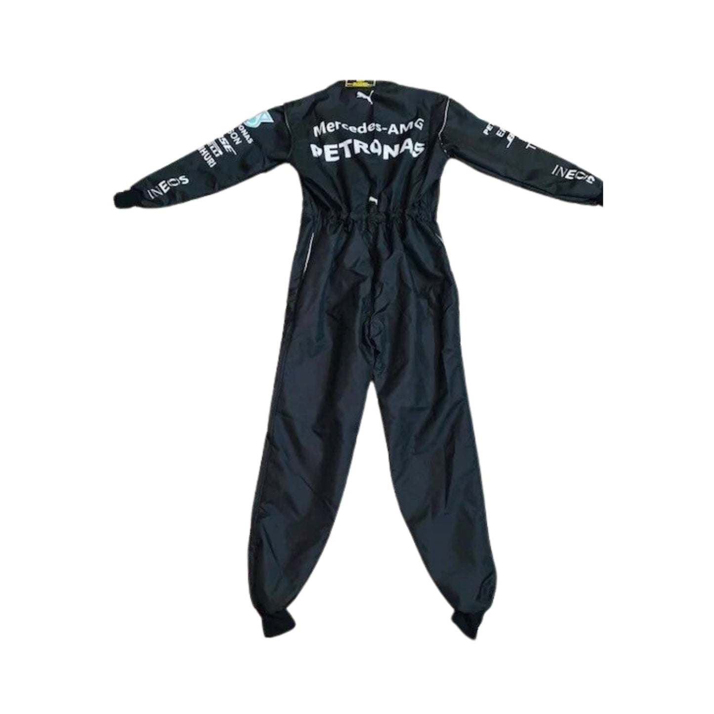 Rear view of George Russell’s 2023 F1 racing suit, focusing on the back design with sponsor branding and detailing for maximum flexibility and comfort.