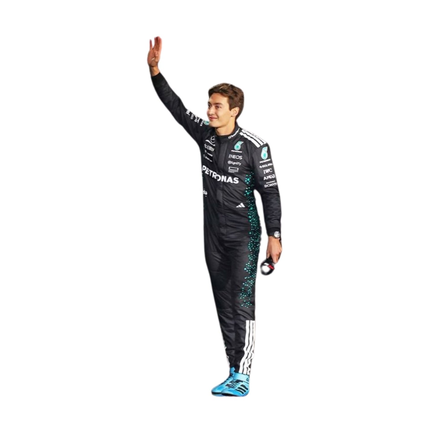 George Russell in motion during the 2025 F1 season, suited up in his high-performance racing gear on track.