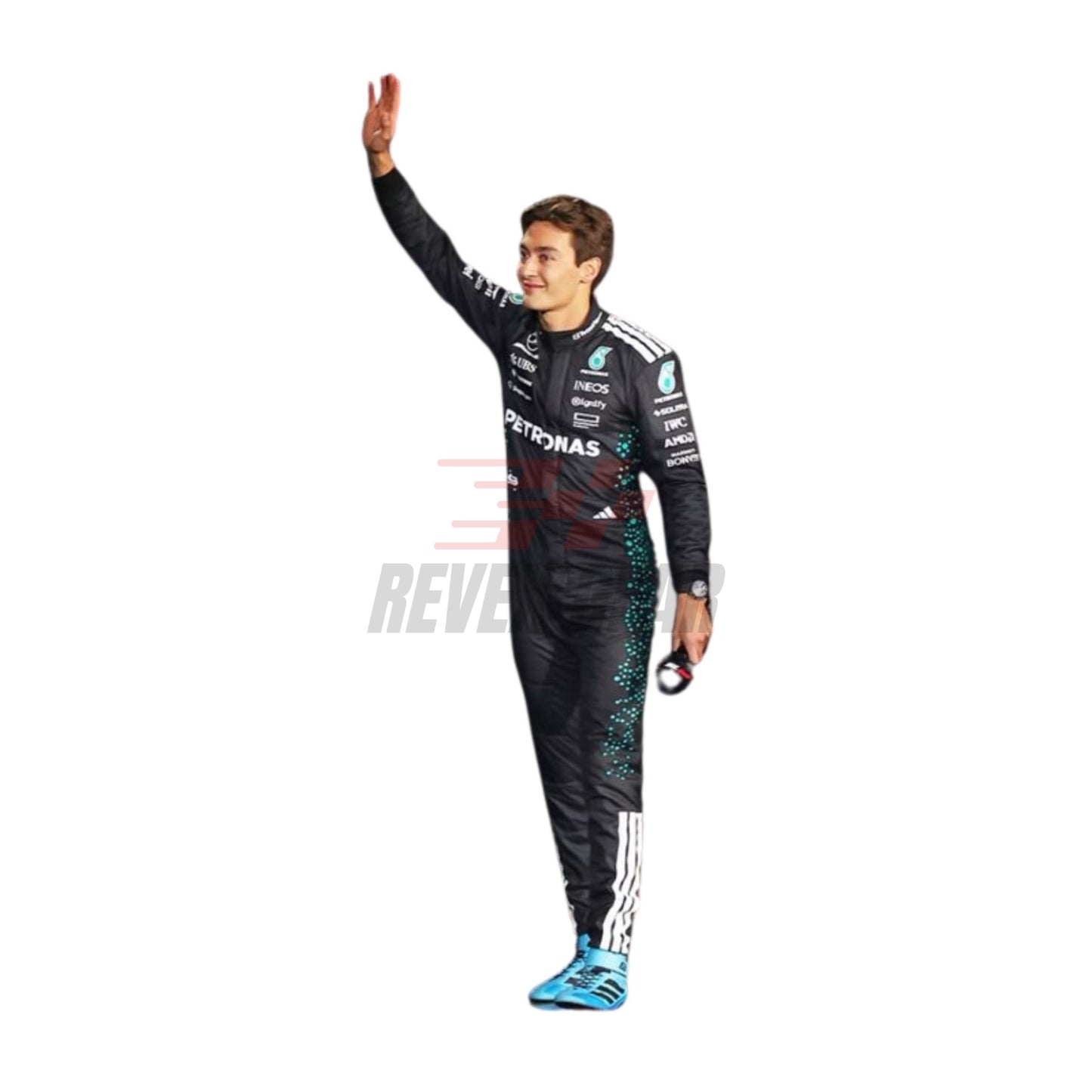 Side profile of 2025 racing outfit worn by George Russell with contour-hugging panels, breathable mesh insets, and streamlined sponsor layout.