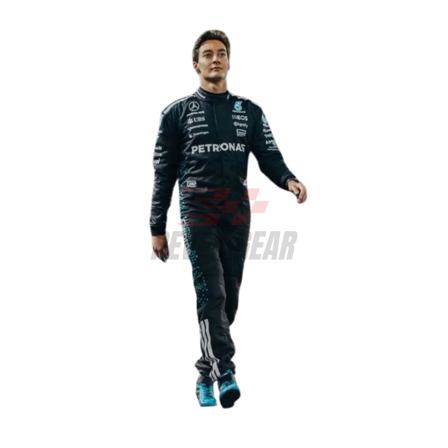 Front view of 2025 F1 racing costume worn by Andrea Kimi Antonelli, showcasing modern panel cuts, sleek airflow contours, and sponsor branding with black and silver tones.