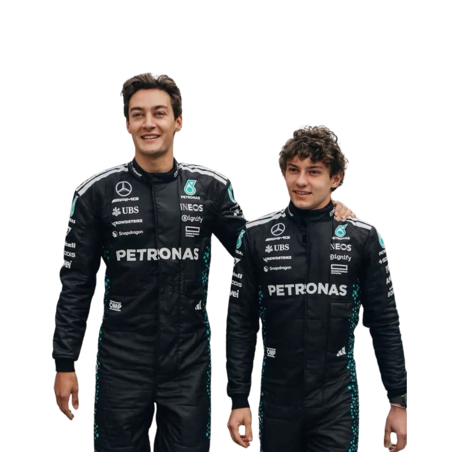Close-up of George Russell and Andrea kimi Antonelli wearing his 2025 racing suit, focusing on the details and premium finish of the fabric.
