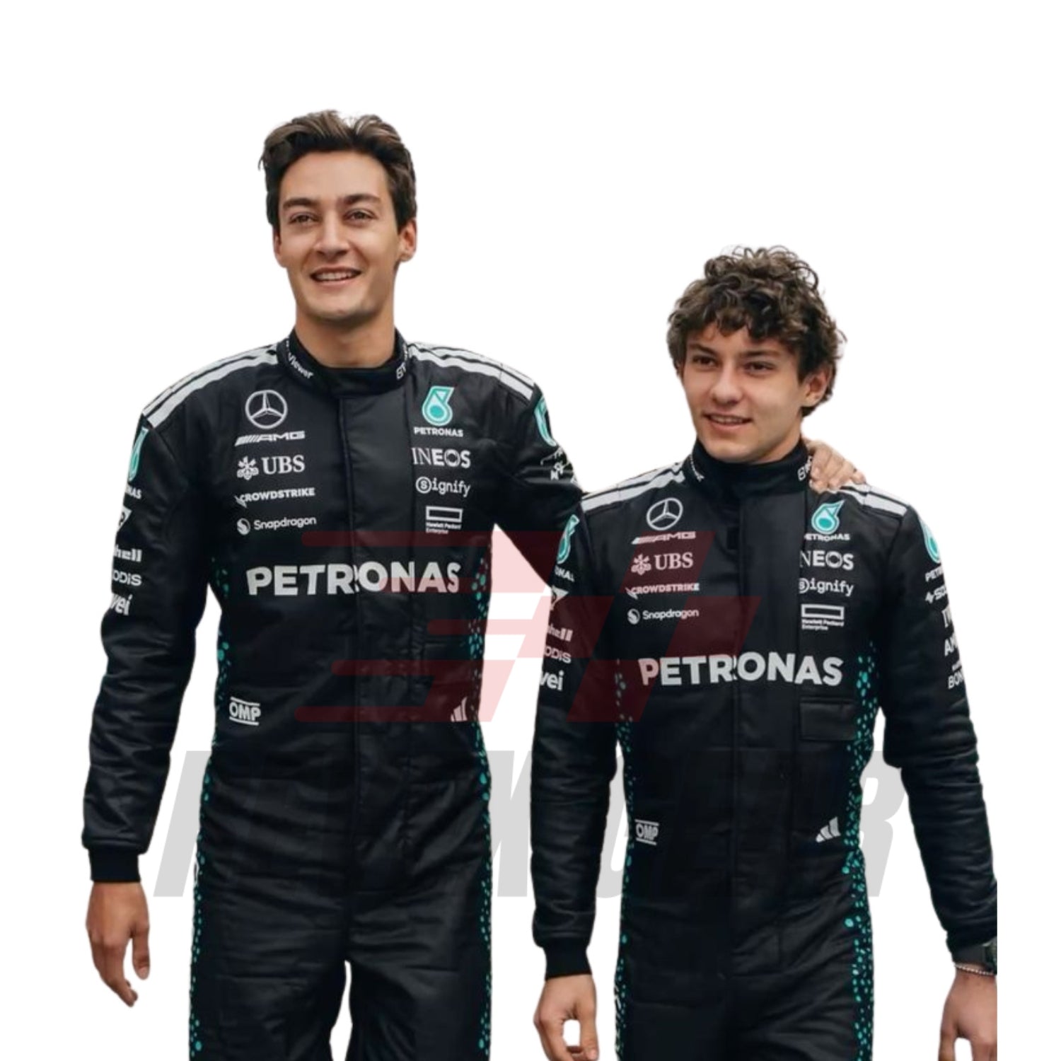 Close-up of the 2025 race costume fabric worn by Russell and Antonelli, focusing on premium stitching, high-durability textile layers, and logo embossing.