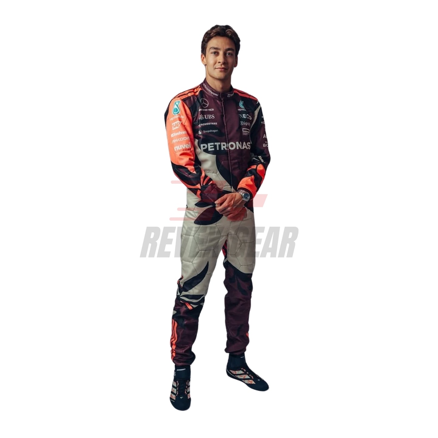 Front view of George Russell 2025 Miami GP F1 racing suits featuring modern aerodynamic tailoring, tropical-inspired graphics, and race-ready detailing.