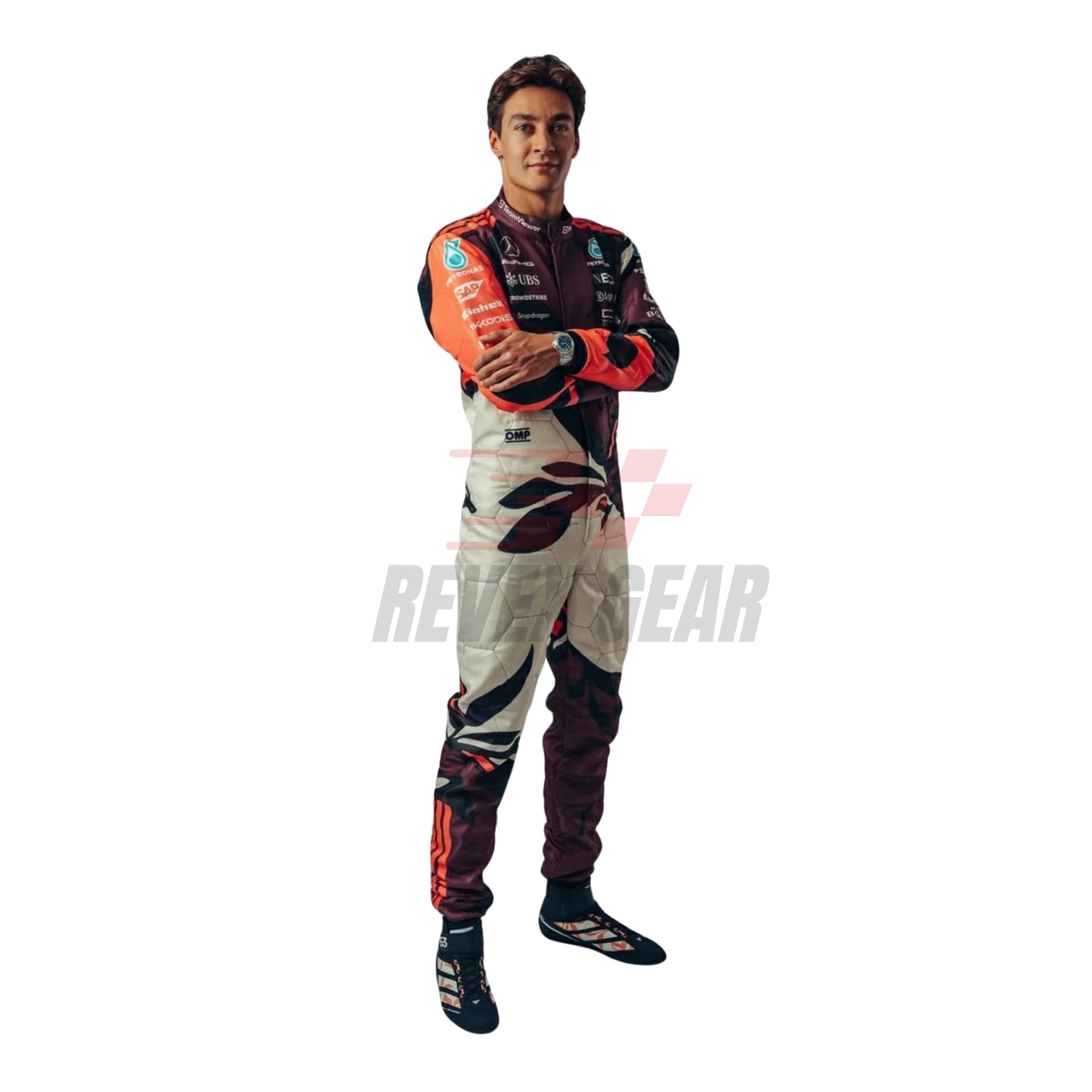 Side profile of George Russell the 2025 Miami GP suits highlighting driver-specific accents, dynamic side striping, and sleek ergonomic shaping for high-speed performance.