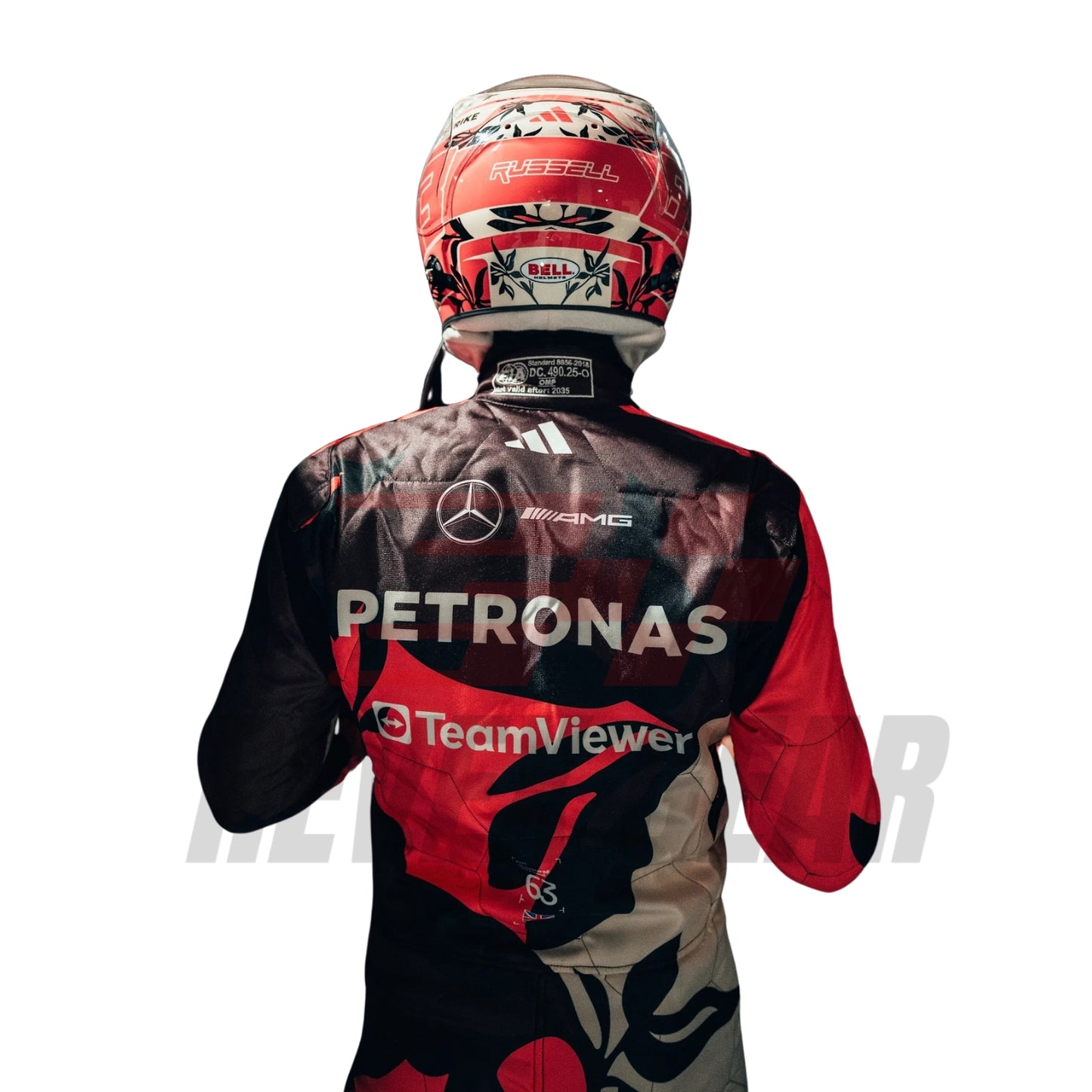 Rear view showcasing the fitted design of the 2025 Miami GP racing suits worn by Antonelli, with bold number placement and airflow-enhancing panels.