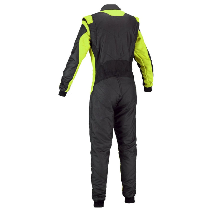 Back View of black and green Cordura one-piece go-kart racing suit