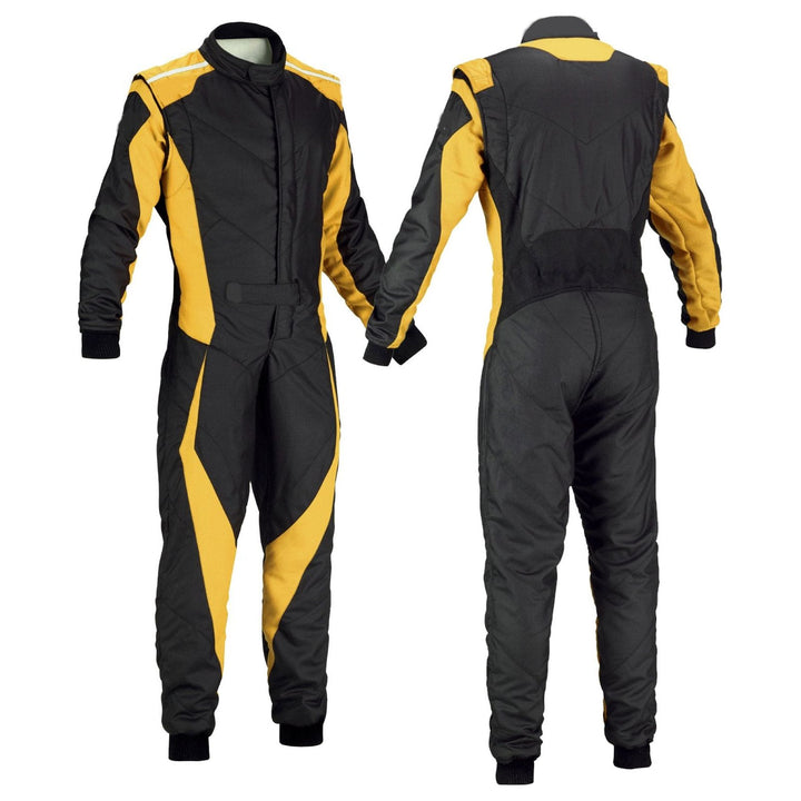 black and gold Cordura one-piece go-kart racing suit featuring lightweight breathable fabric, secure zip closure, stretch panels for comfort and adjustable belt – custom name option available.